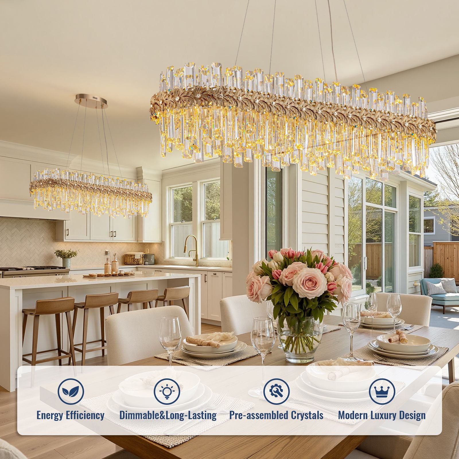 lustra modern luxury gold k9 crystal grand round multi tiered chandelier over kitchen island with dimmable led and energy efficient lighting | Sofary Lighting