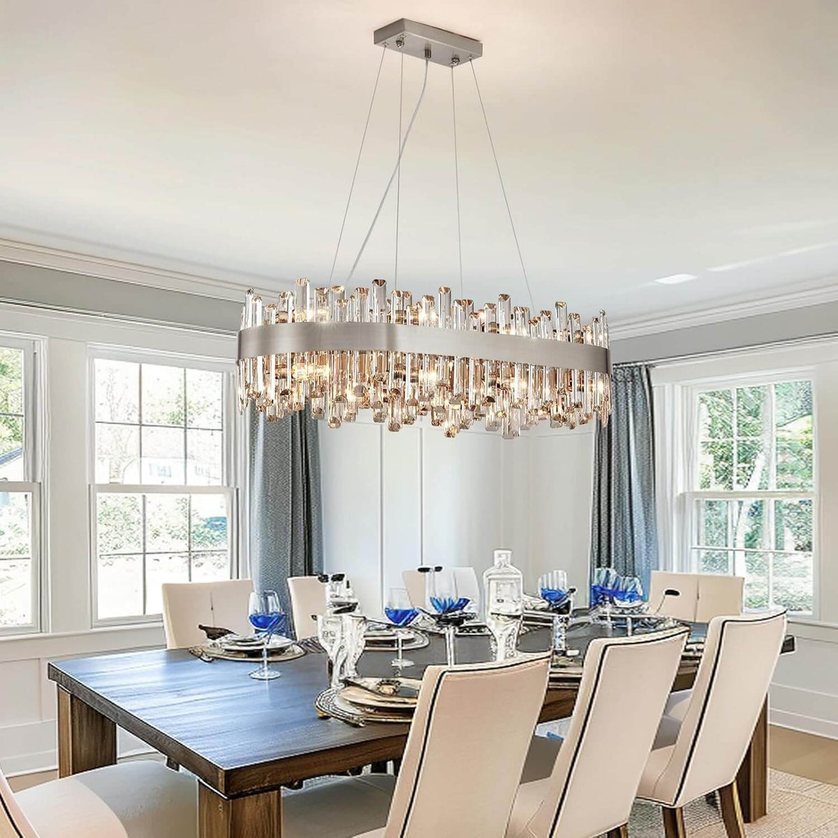 Luxora Modern Elegance Chrome Brass Crystal Rectangular Chandelier for ...