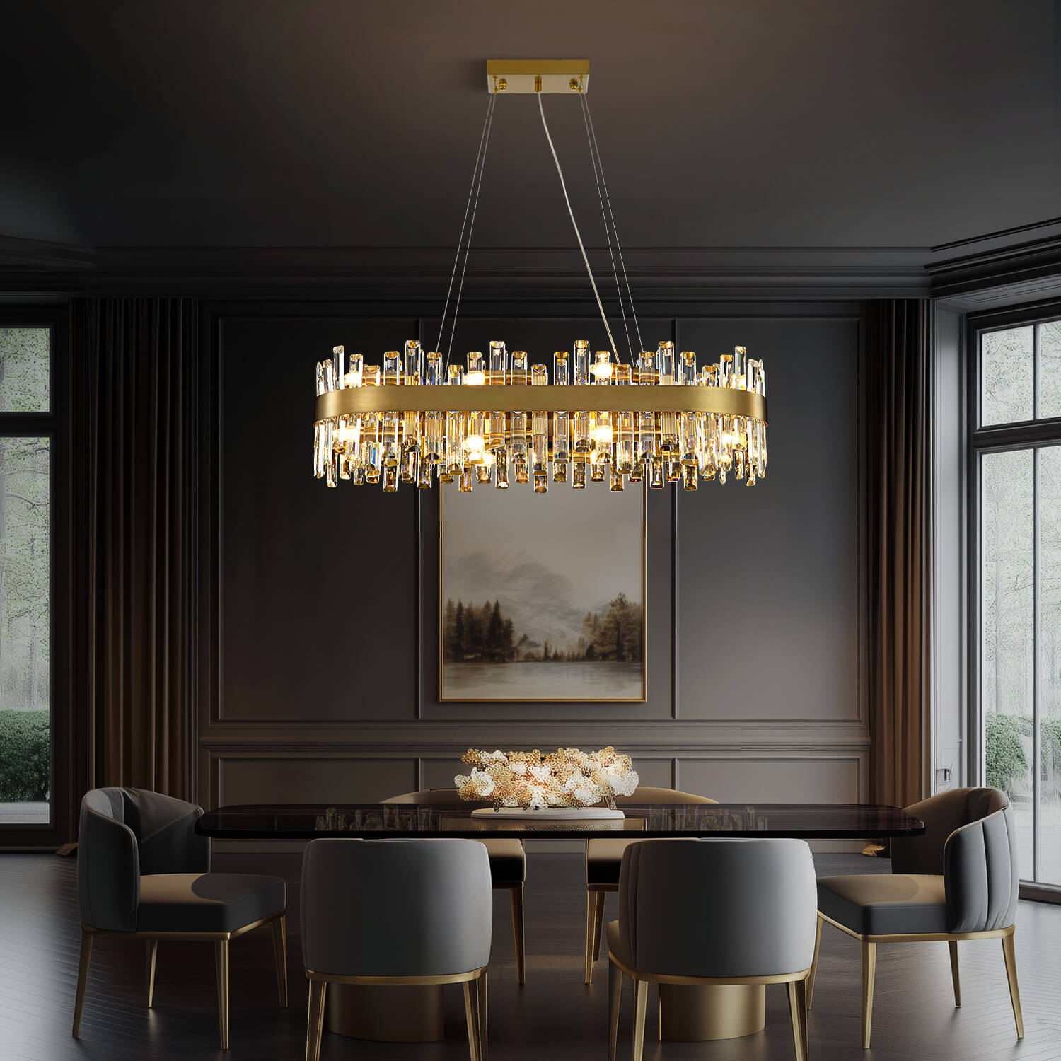 Luxora Elegance Modern Gold Brass Crystal Rectangular Chandelier