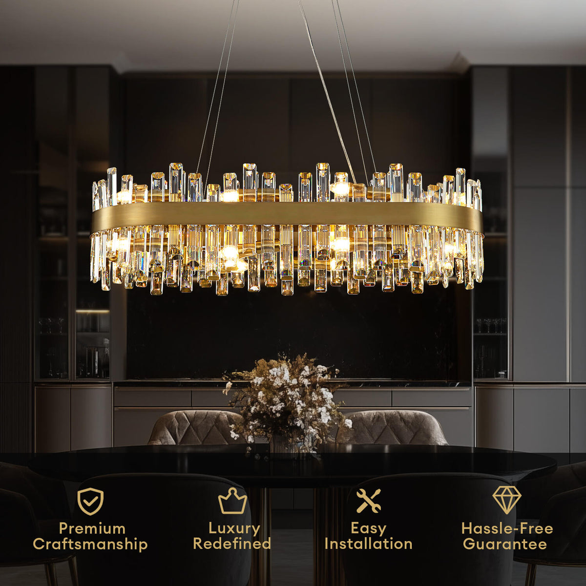 Gold Crystal Rectangular Chandelier for Dining Room | Sofary