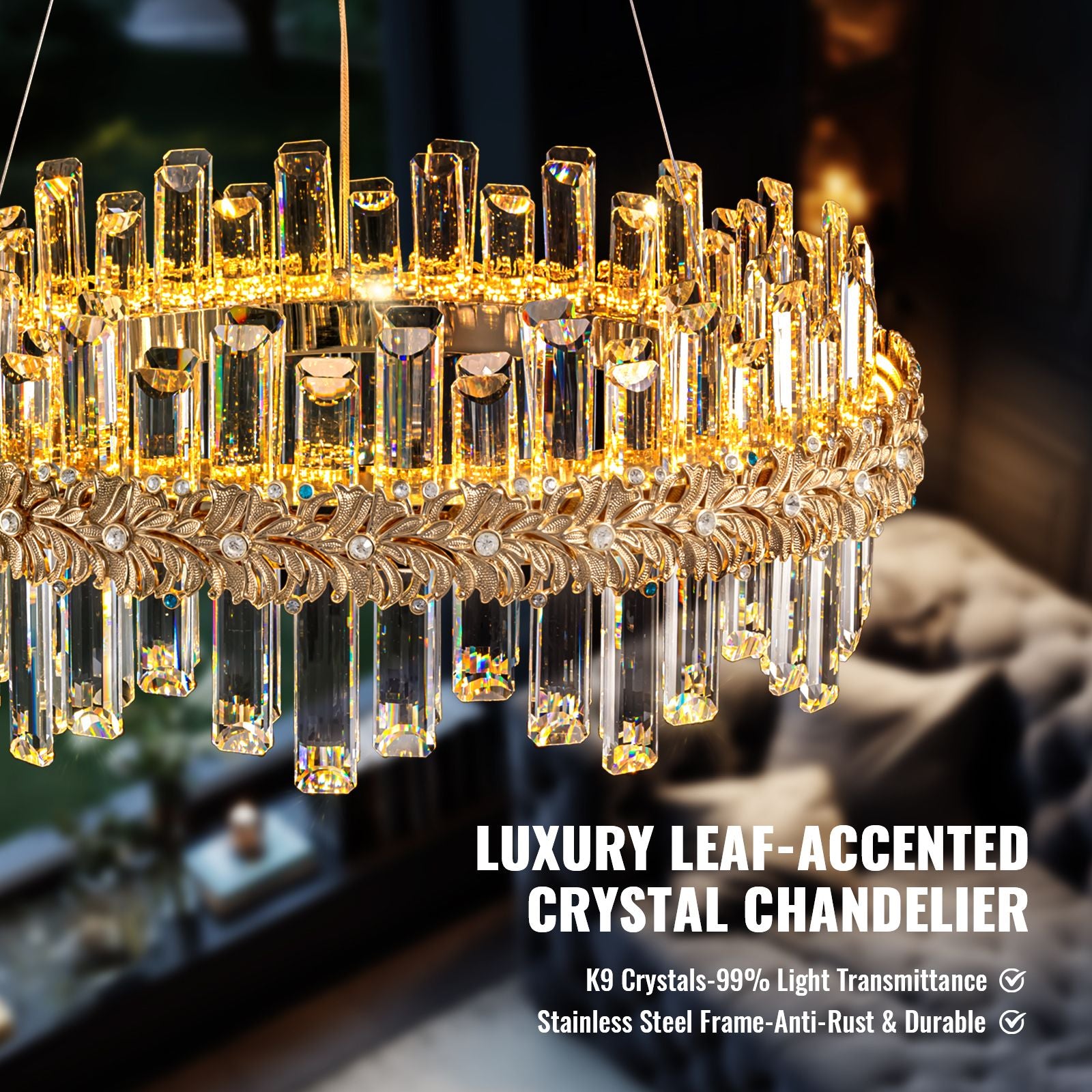 gold crystal chandelier glowing with warm ambient lighting creating luxury atmosphere in modern interior space | Sofary Lighting