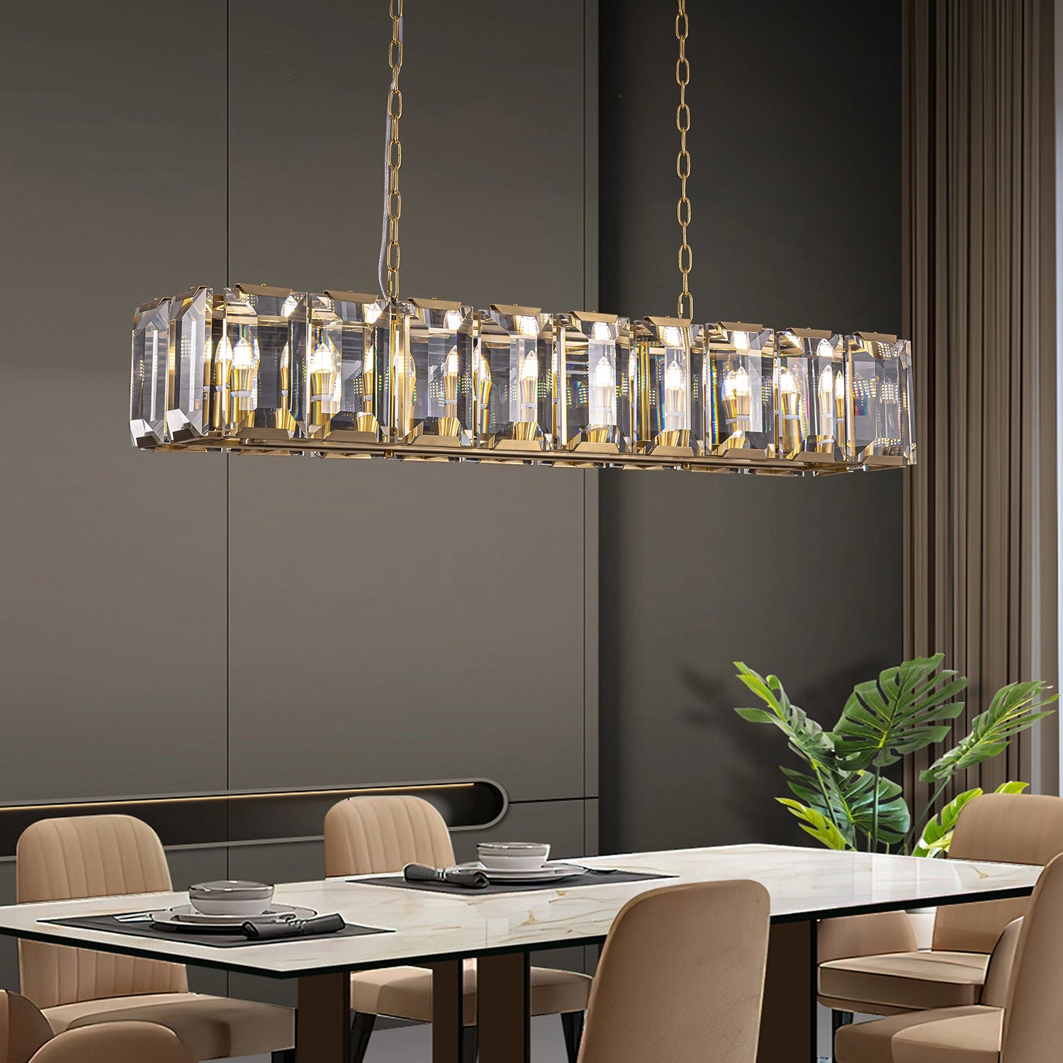 Luxury Rectangular Gold Crystal Chandelier – Elegant Lighting