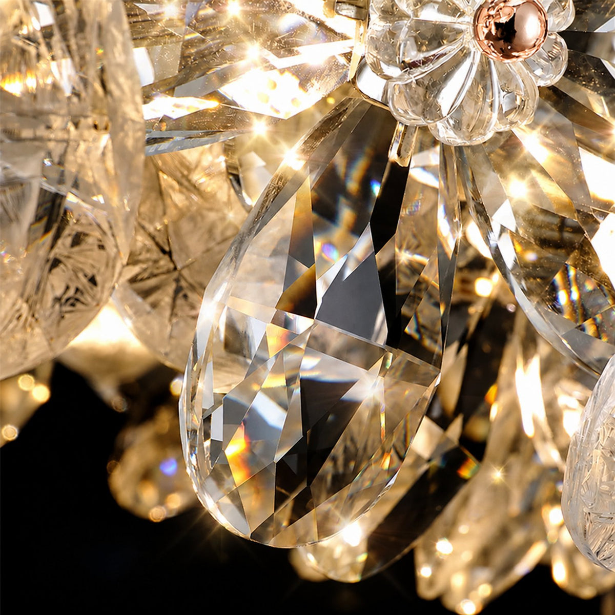 Crystal flower chandelier detail showing rose-gold center fastener - Sofary Lighting