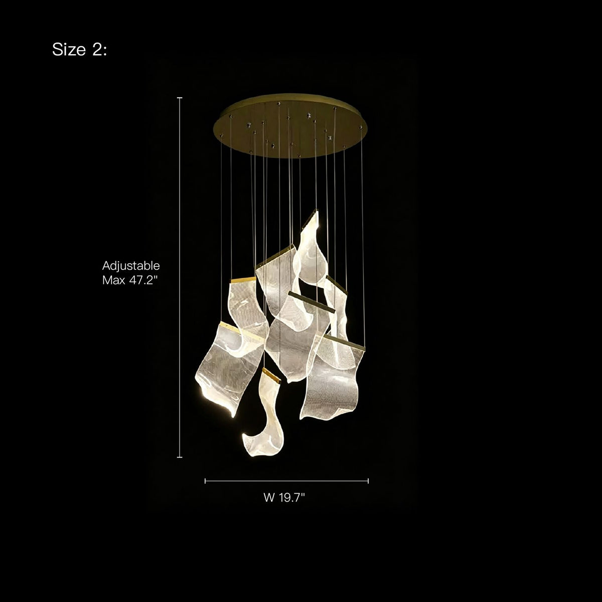 Lyra Ripple Glass Cascading Sheet Chandelier (Size 2) — 19.7" width, 47.2" max adjustable height, gold frame, cascading wavy glass sheets, ideal for modern living rooms/staircases