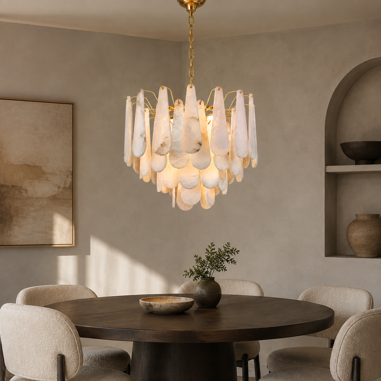 Marivelle gold alabaster tiered chandelier above a dining table