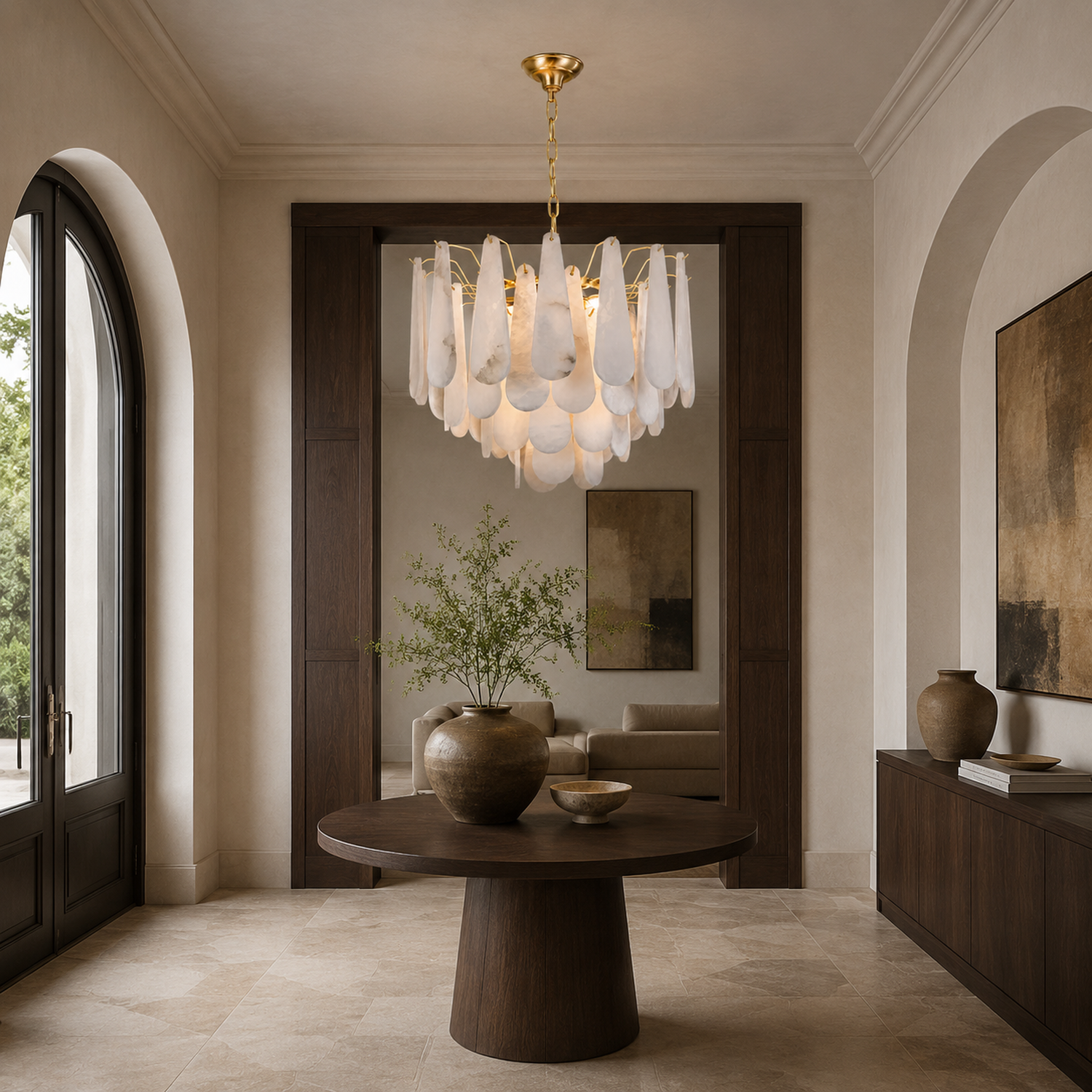 Marivelle gold alabaster tiered chandelier in a foyer