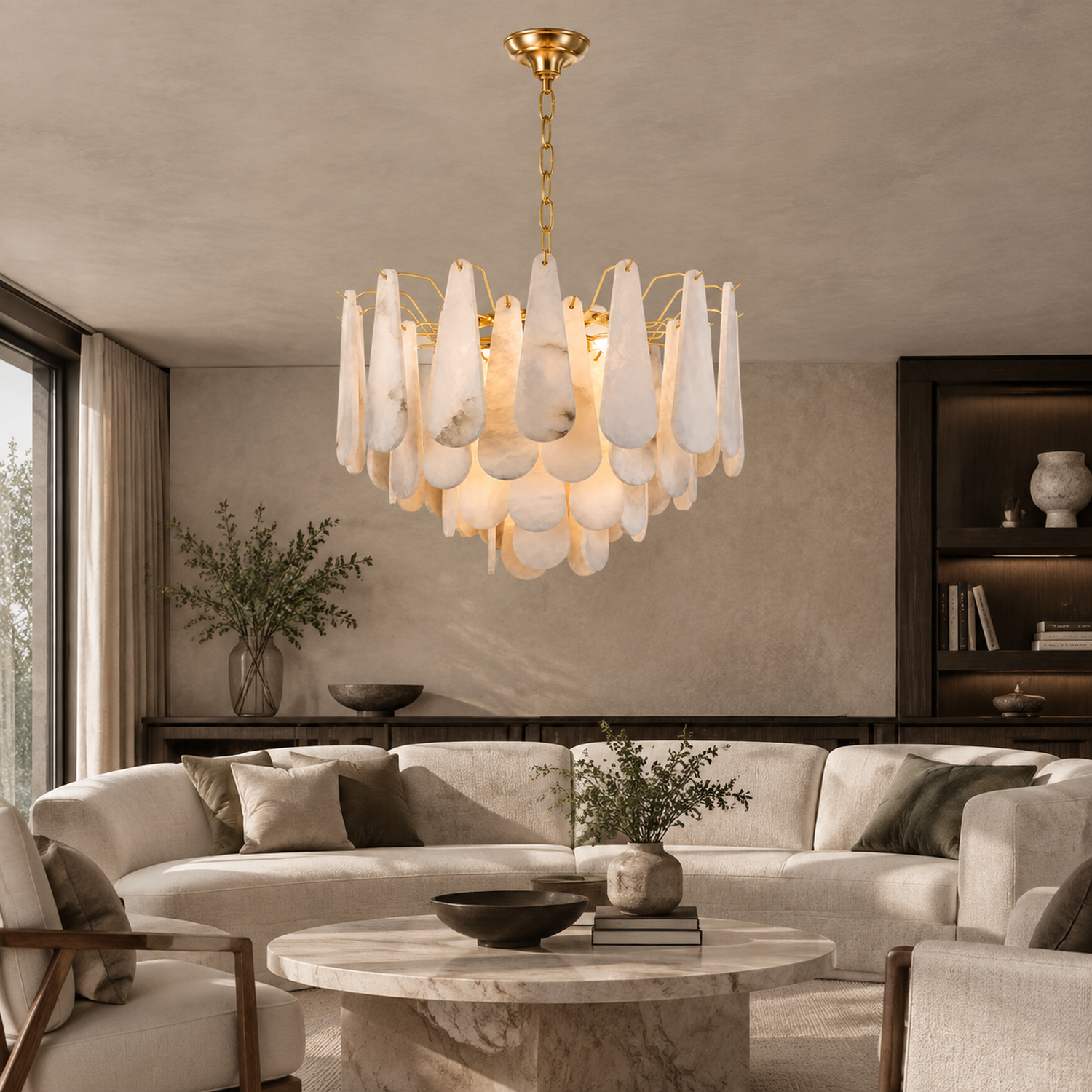 Marivelle gold alabaster tiered chandelier in a living room