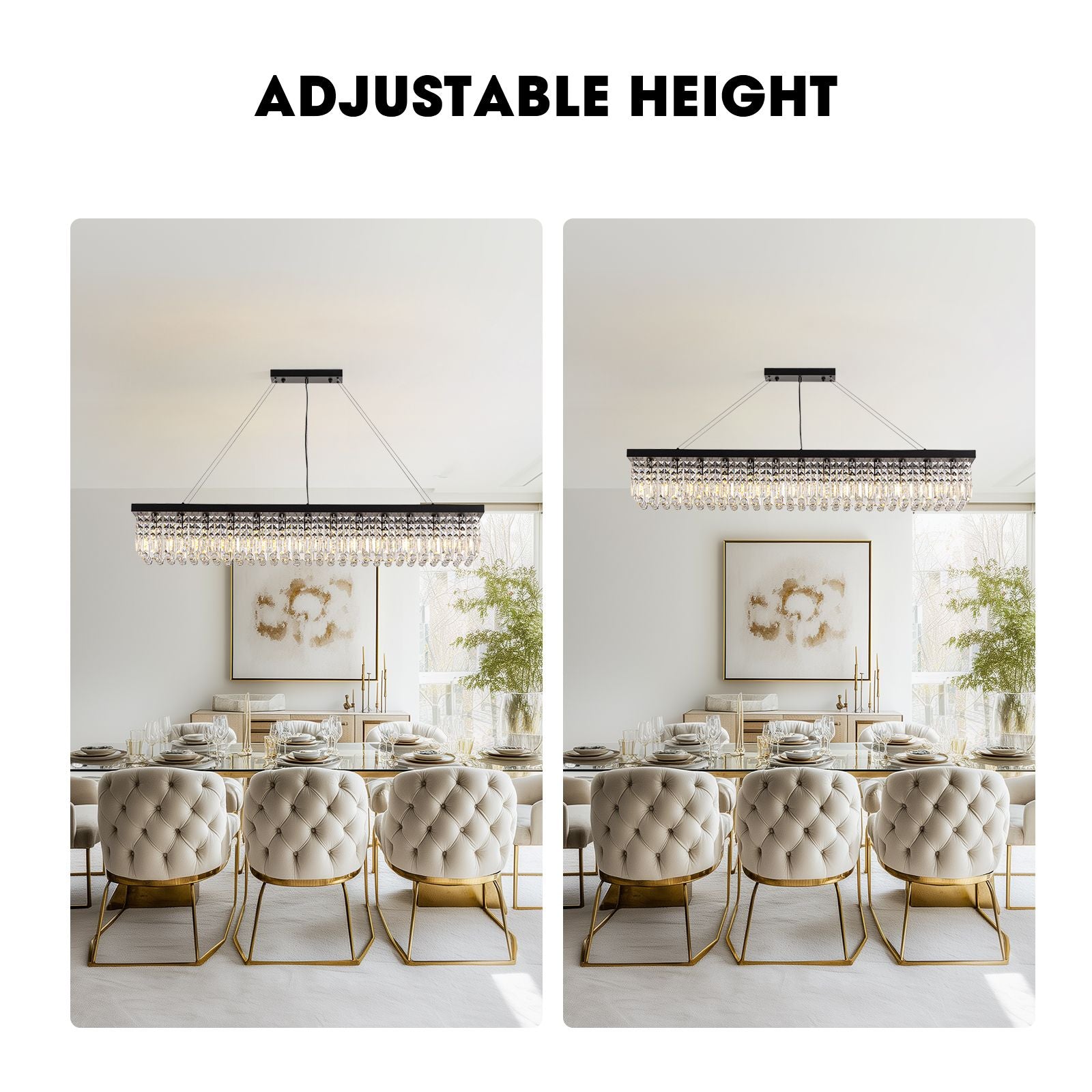 Matrix Chandelier height adjustment demo — OFF (minimal drop) vs ON (full 59" max height), showcasing versatility for different ceiling types | Sofary Lighting