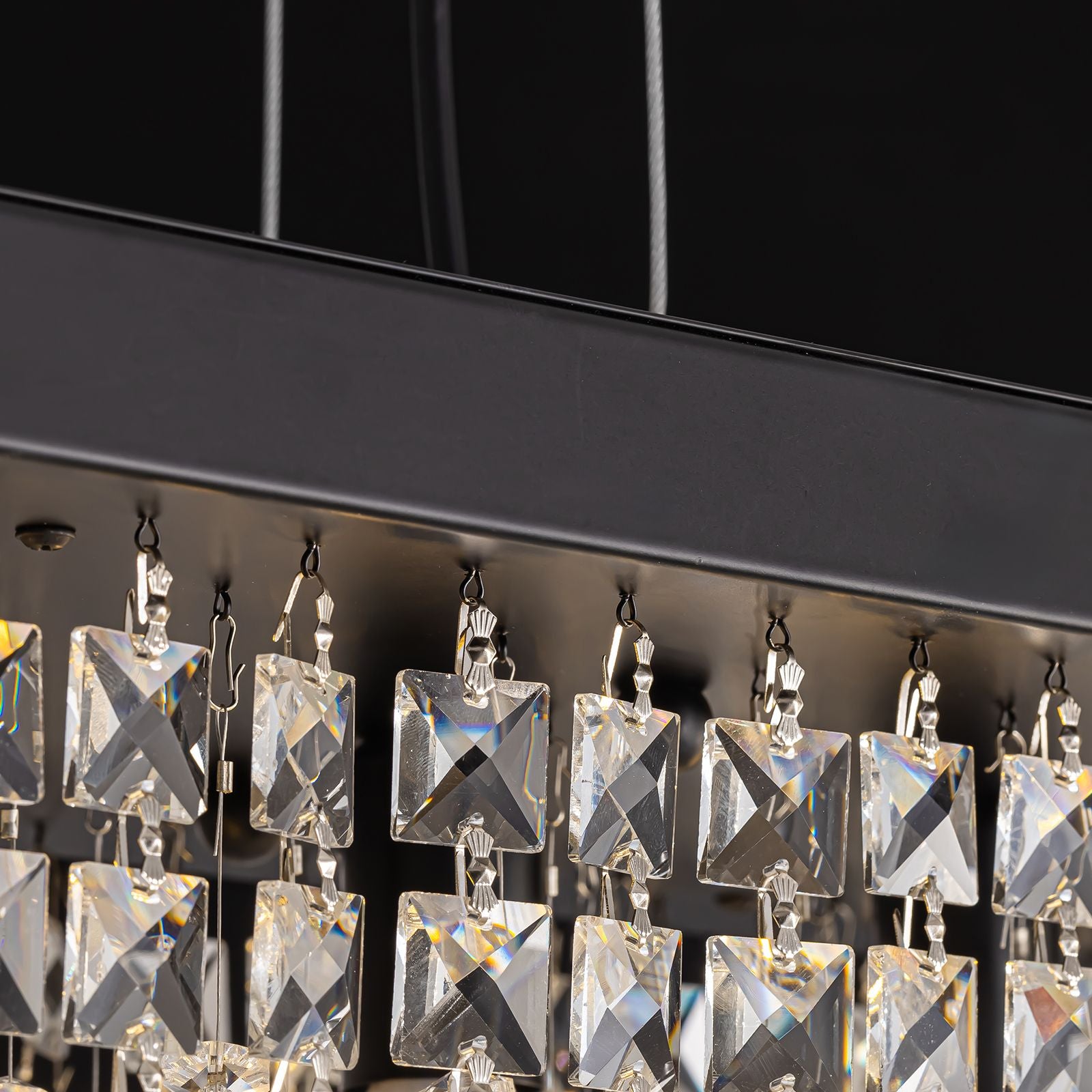 Extreme close-up of crystal facets — iridescent light play, diamond-cut surfaces, and premium K9 crystal clarity for luxury illumination | Sofary Lighting