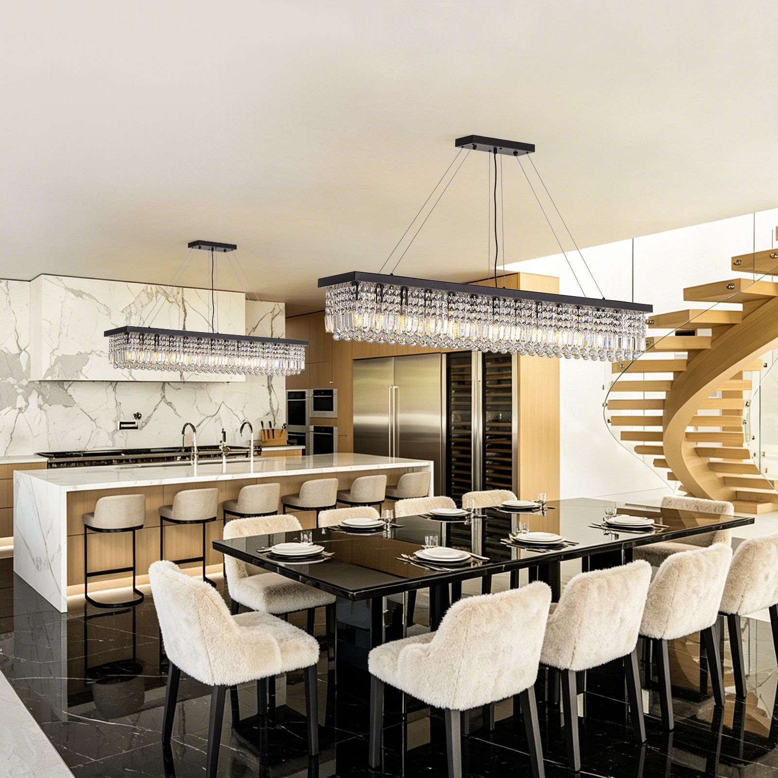 Matrix Geometric Linear Chandelier above kitchen island — paired with bar stools, white cabinetry, and modern pendant lighting for a luxe culinary space | Sofary Lighting