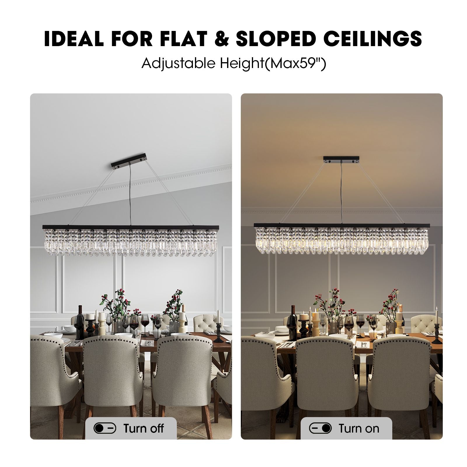 Matrix Chandelier lighting effect — OFF (sleek black frame visible) vs ON (crystal prisms glowing warmly), highlighting ambient transformation | Sofary Lighting