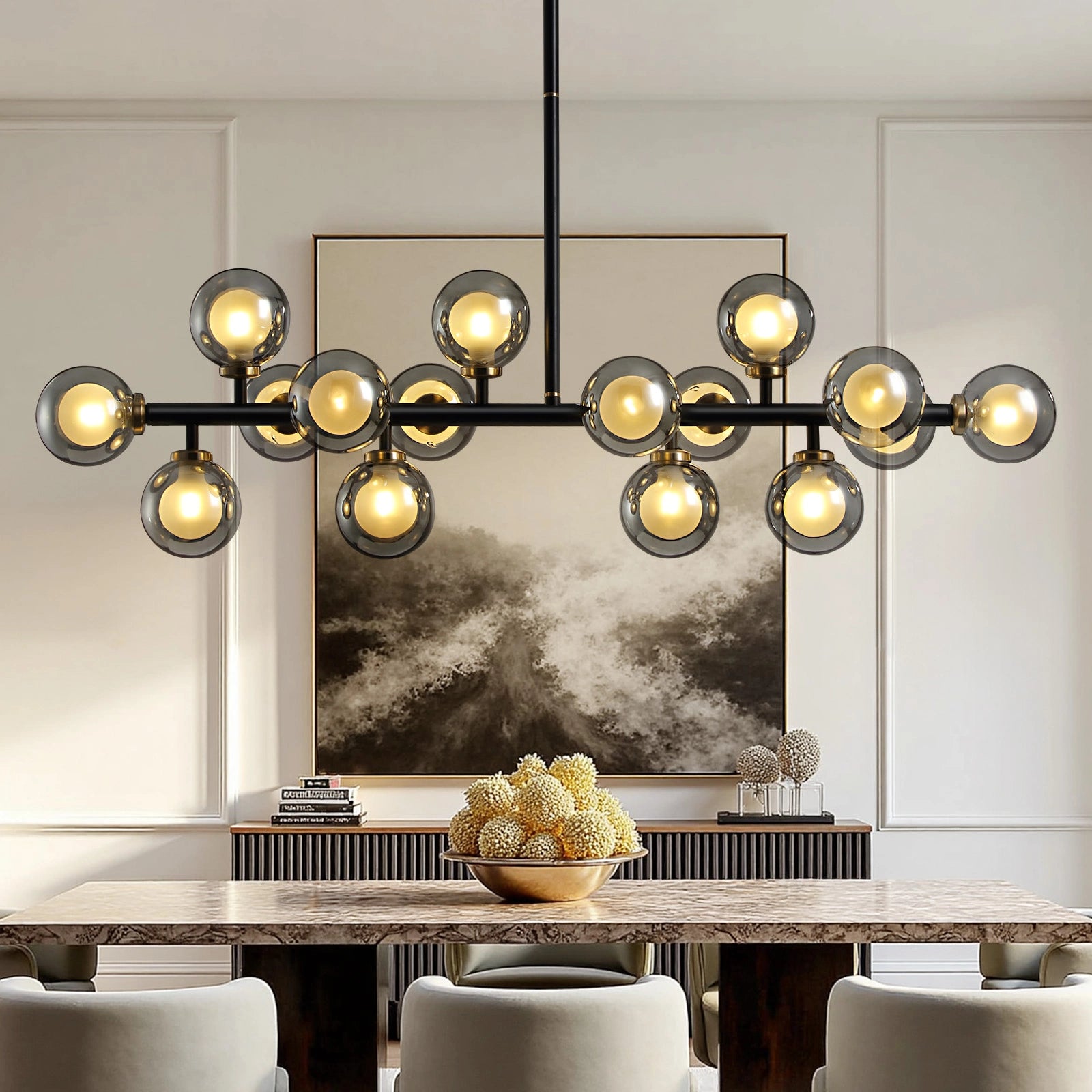 meteor-gray-globe-linear-chandelier-installed-in-dining-room-sofary-lighting