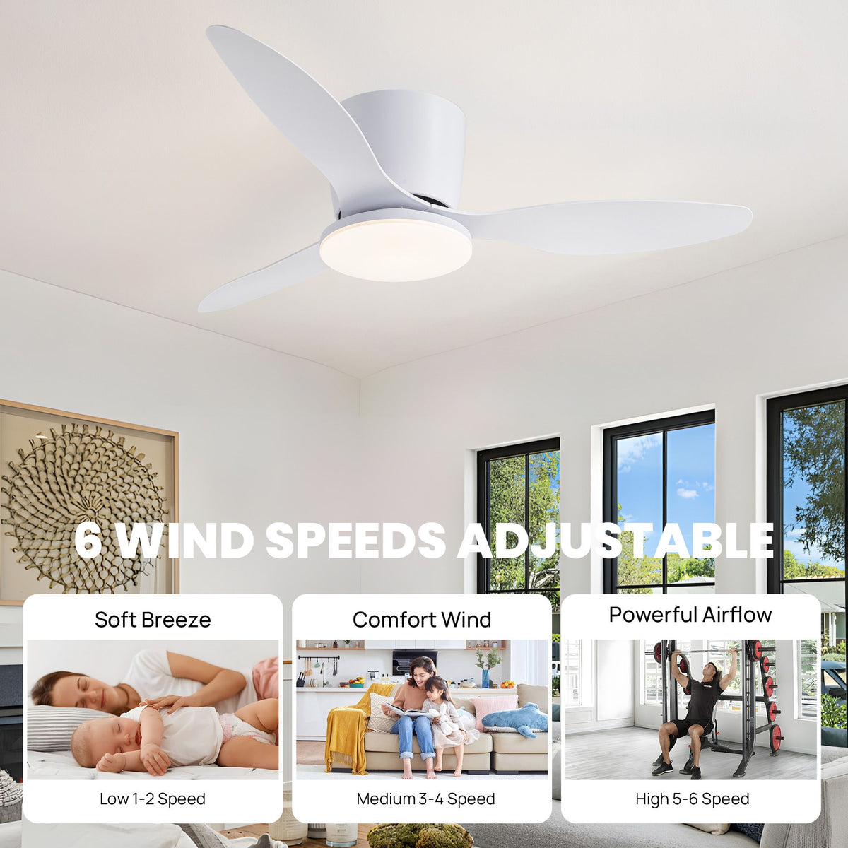 6 wind speeds adjustable — soft breeze (low 1-2 speed), comfort wind (medium 3-4 speed), powerful airflow (high 5-6 speed), natural wind mode | Sofary Lighting