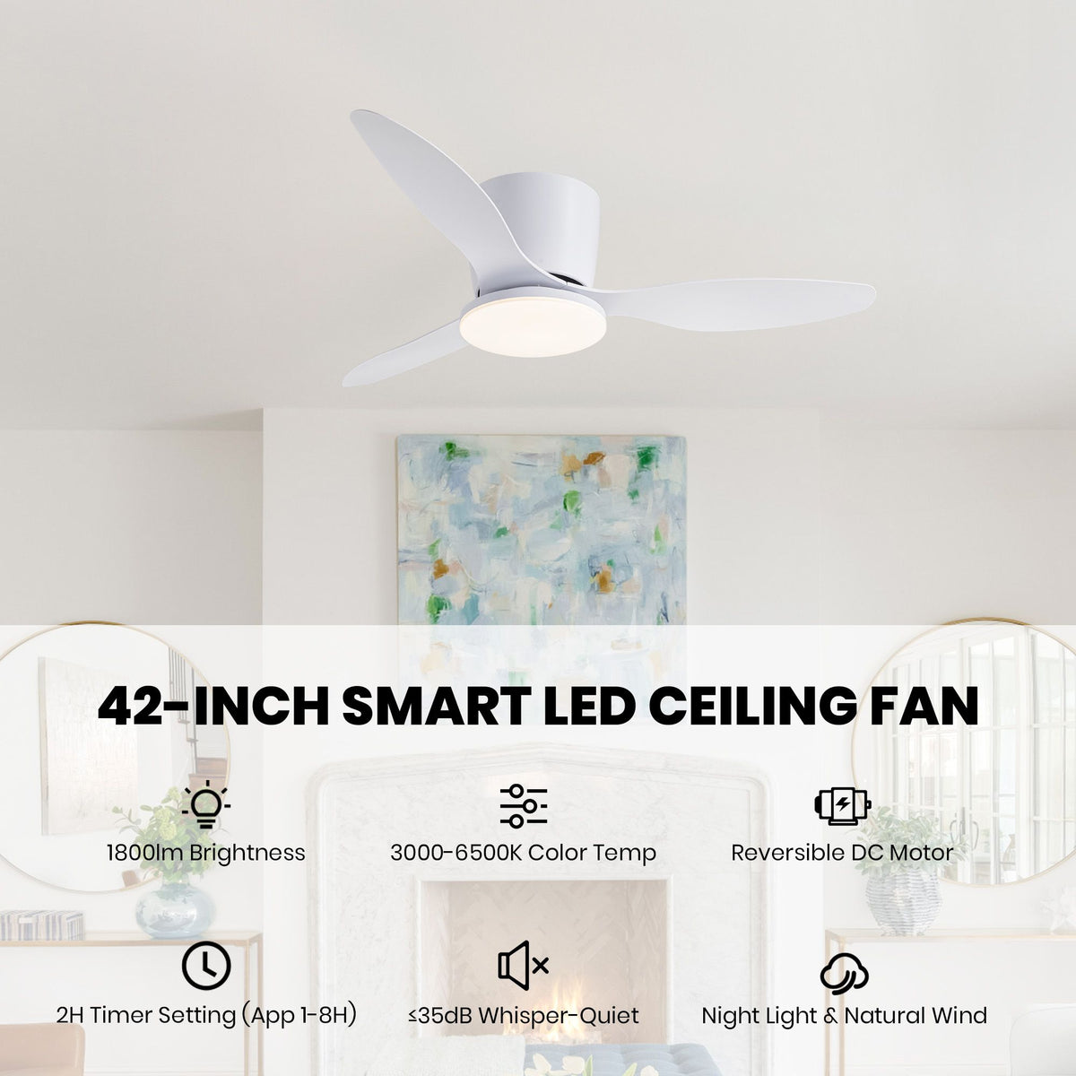 42-inch smart LED ceiling fan features — 1800lm brightness, 3000-6500K color temp, reversible DC motor, 2H timer (app 1-8H), ≤35dB whisper-quiet, night light & natural wind | Sofary Lighting