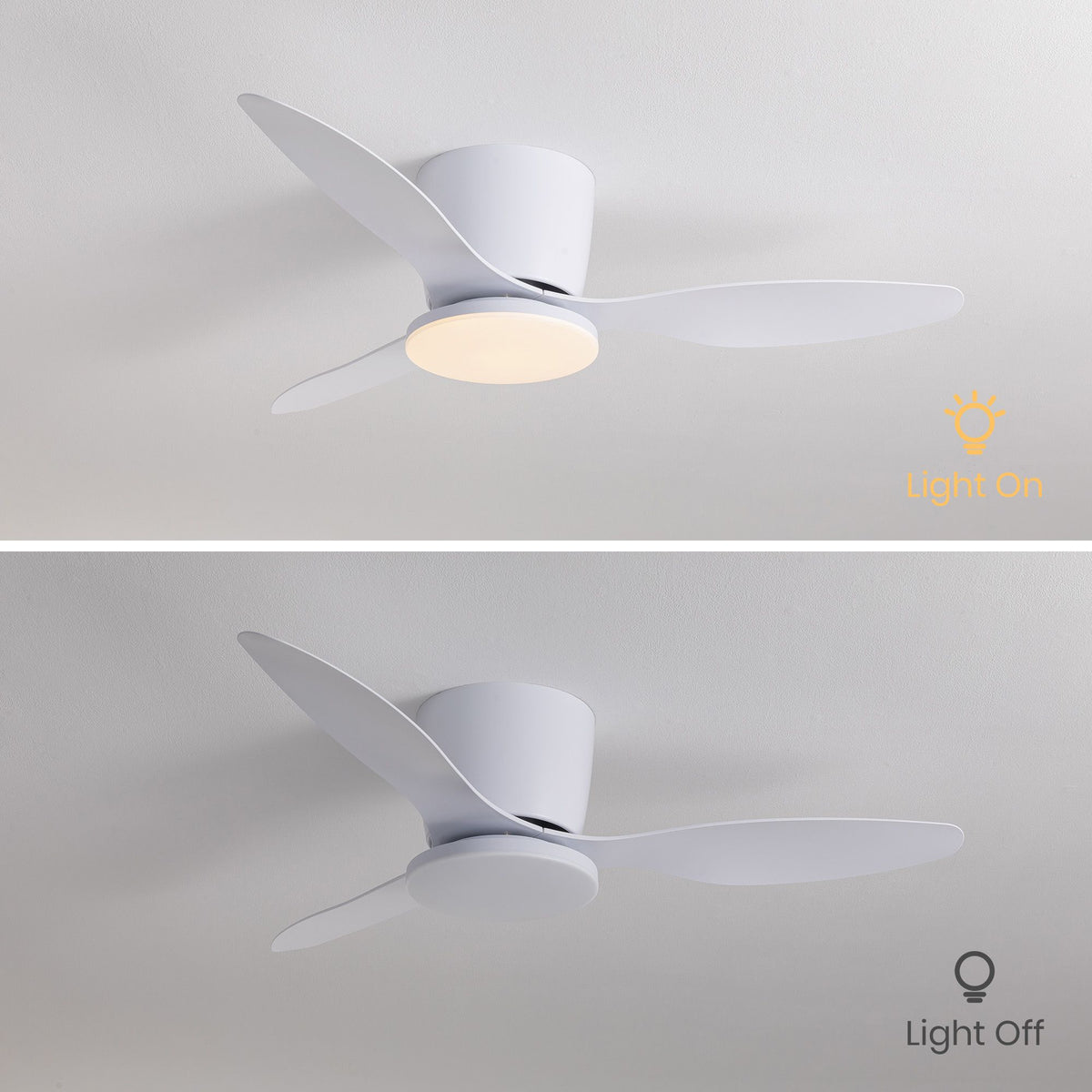 Modern white ceiling fan light on and off comparison — warm LED glow when on, clean minimal look when off, flush mount design | Sofary Lighting