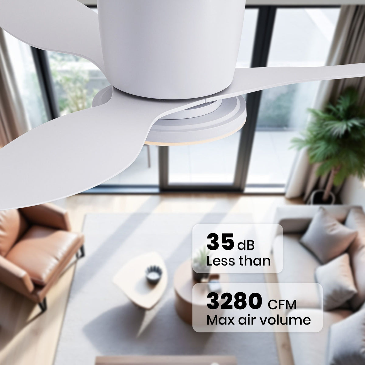 Whisper-quiet white ceiling fan — less than 35dB noise, 3280 CFM max air volume, powerful yet silent DC motor | Sofary Lighting