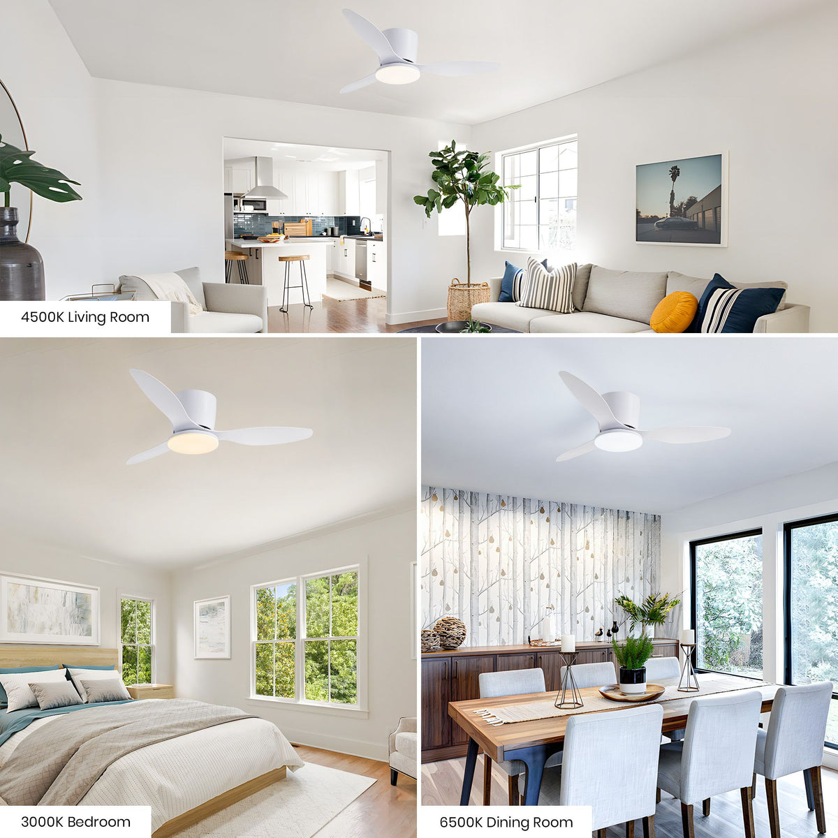 White smart ceiling fan in multiple scenes — 4500K living room, 3000K bedroom, 6500K dining room, versatile modern lighting | Sofary Lighting