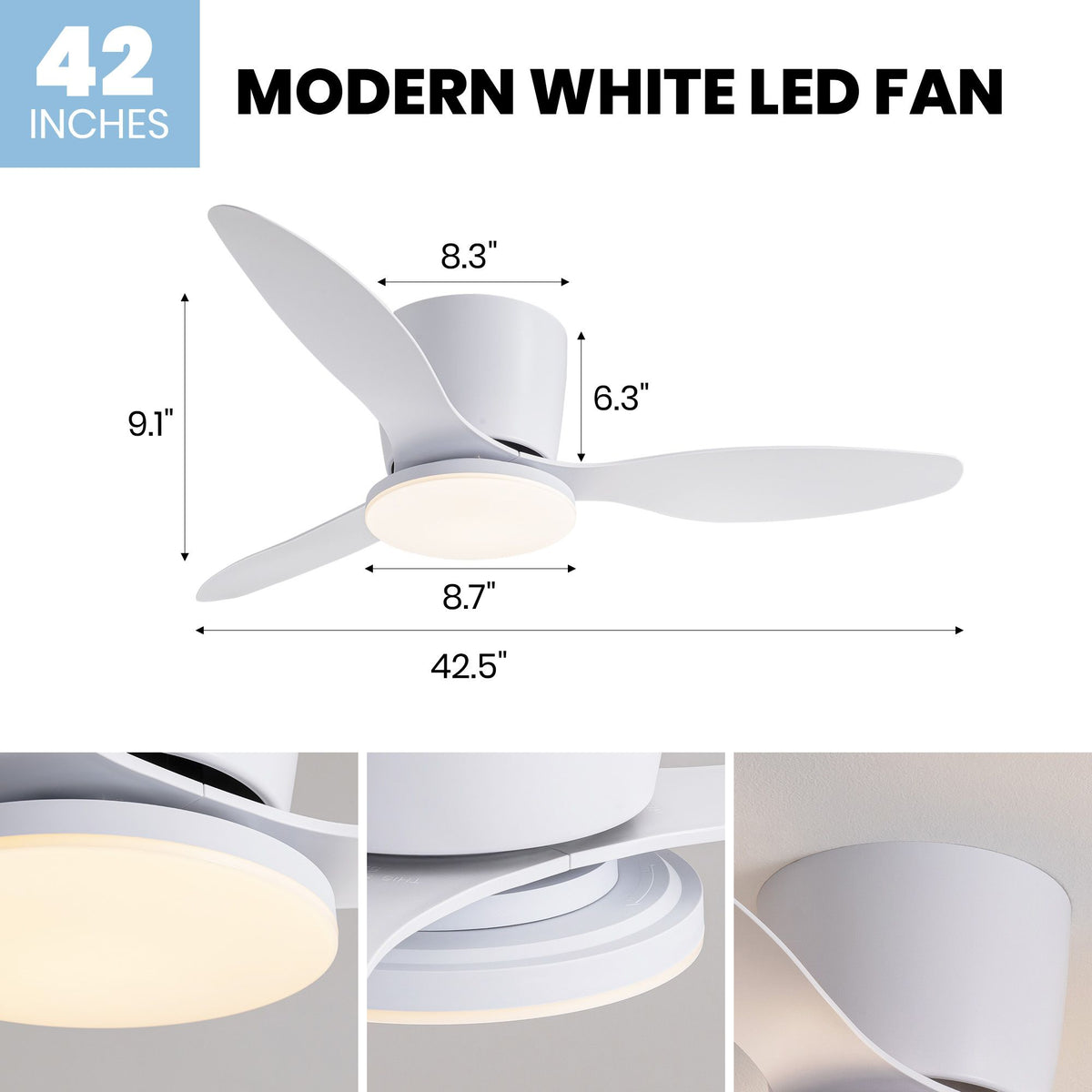 42.5" modern white LED ceiling fan dimensions — 42.5" width, 9.1" height, 8.3" canopy, 6.3" motor, 8.7" light diameter, flush mount size chart with detail insets | Sofary Lighting
