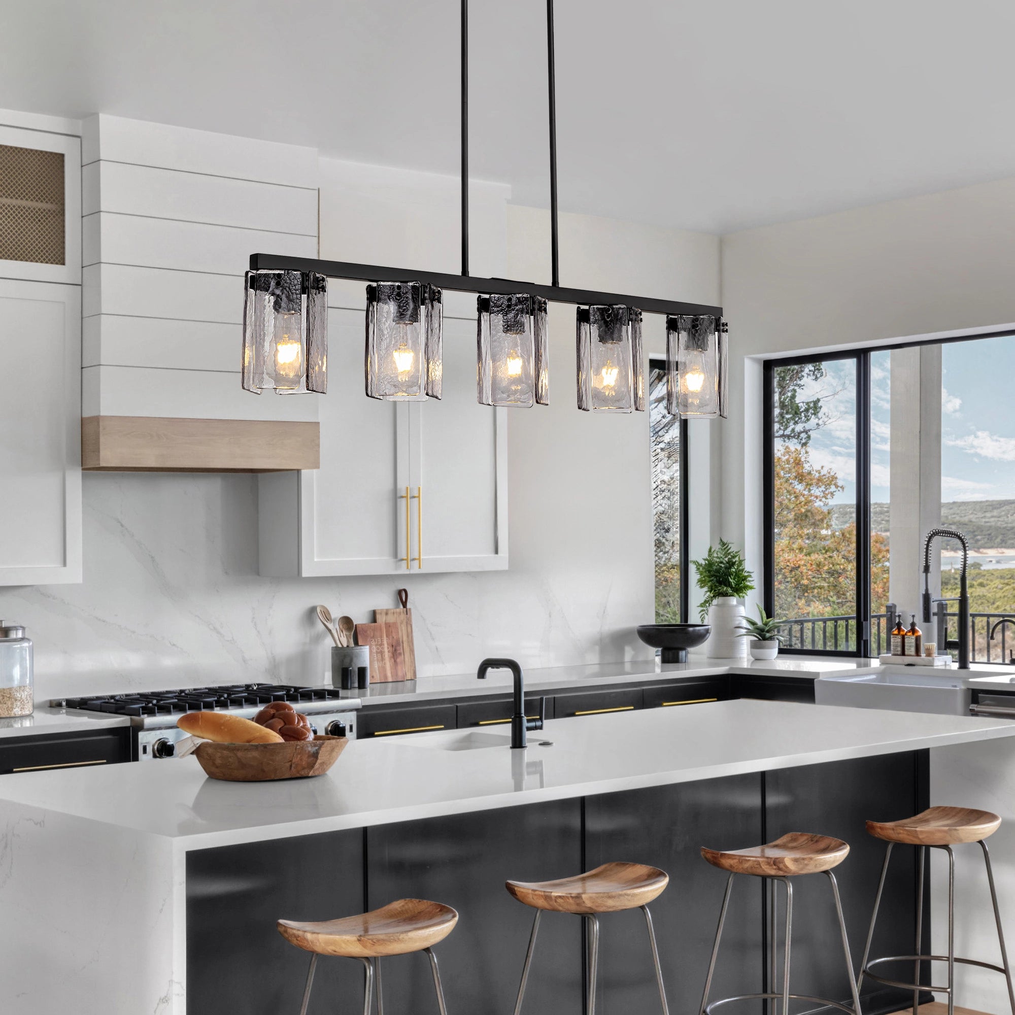 minimalist-smoked-glass-linear-chandelier-over-kitchen-island-sofary-lighting