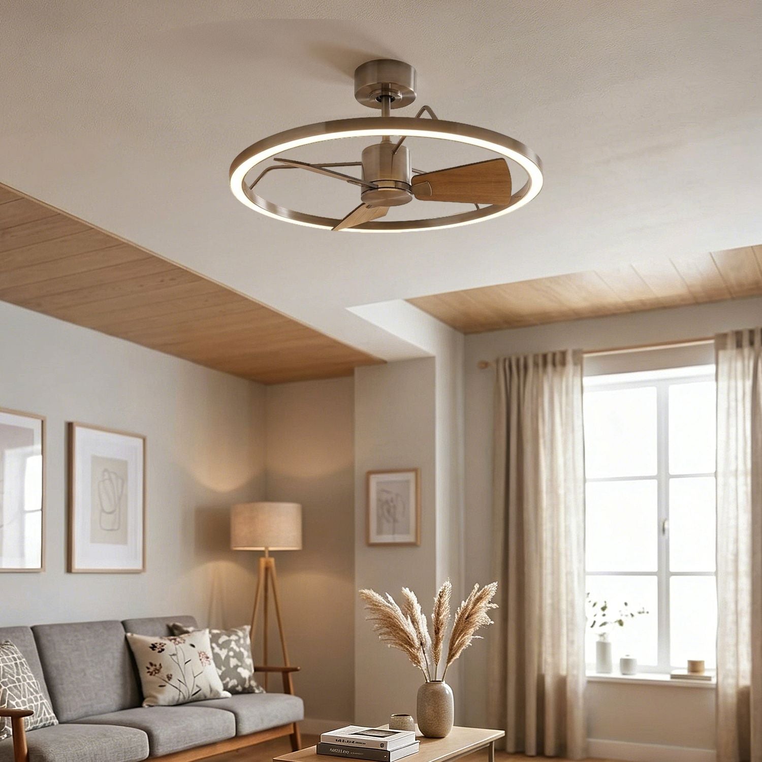 brushed nickel modern ceiling fan with led ring light installed in living room
