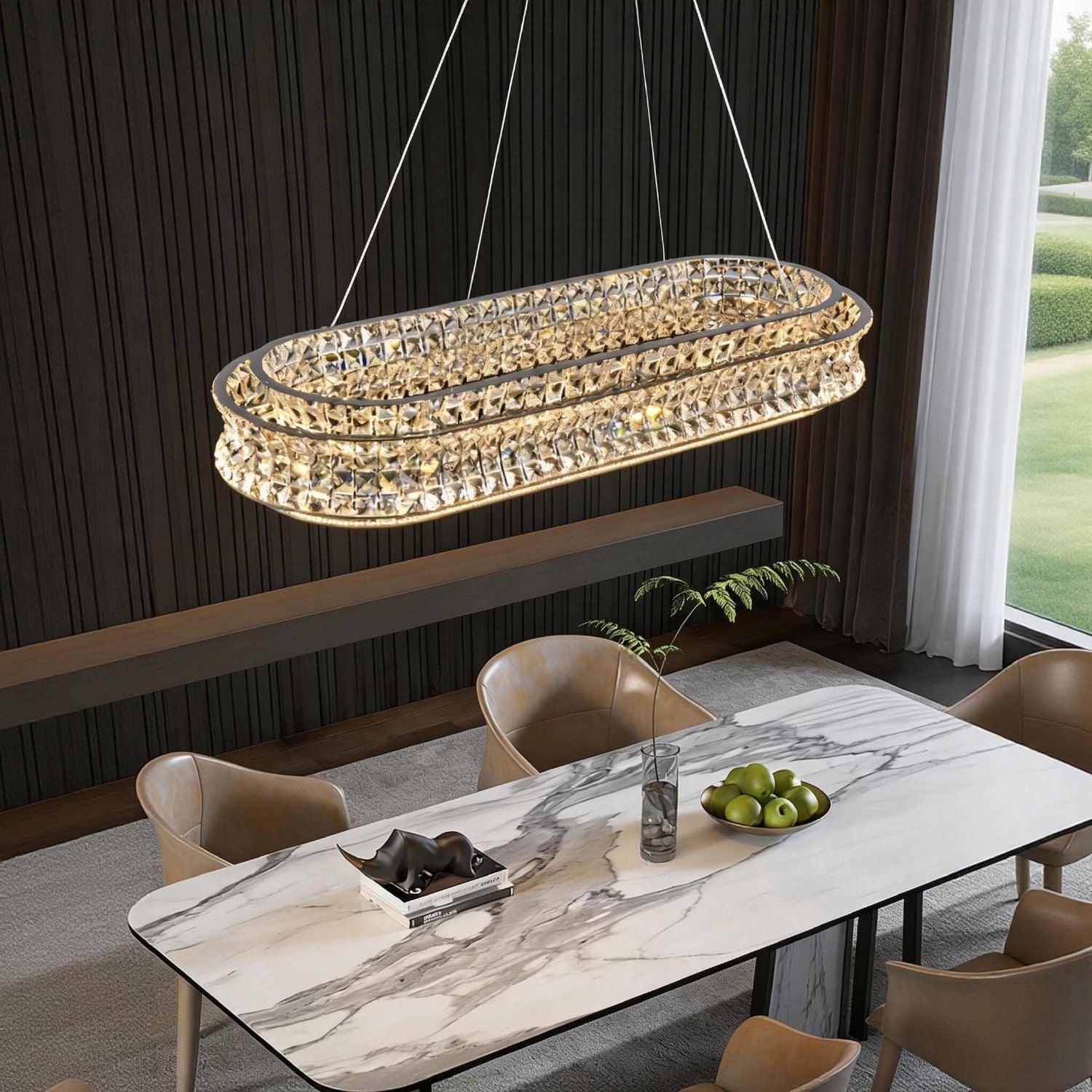 modern champagne gold k9 crystal ripple chandelier suspended above dining table in contemporary dining room | Sofary Lighting