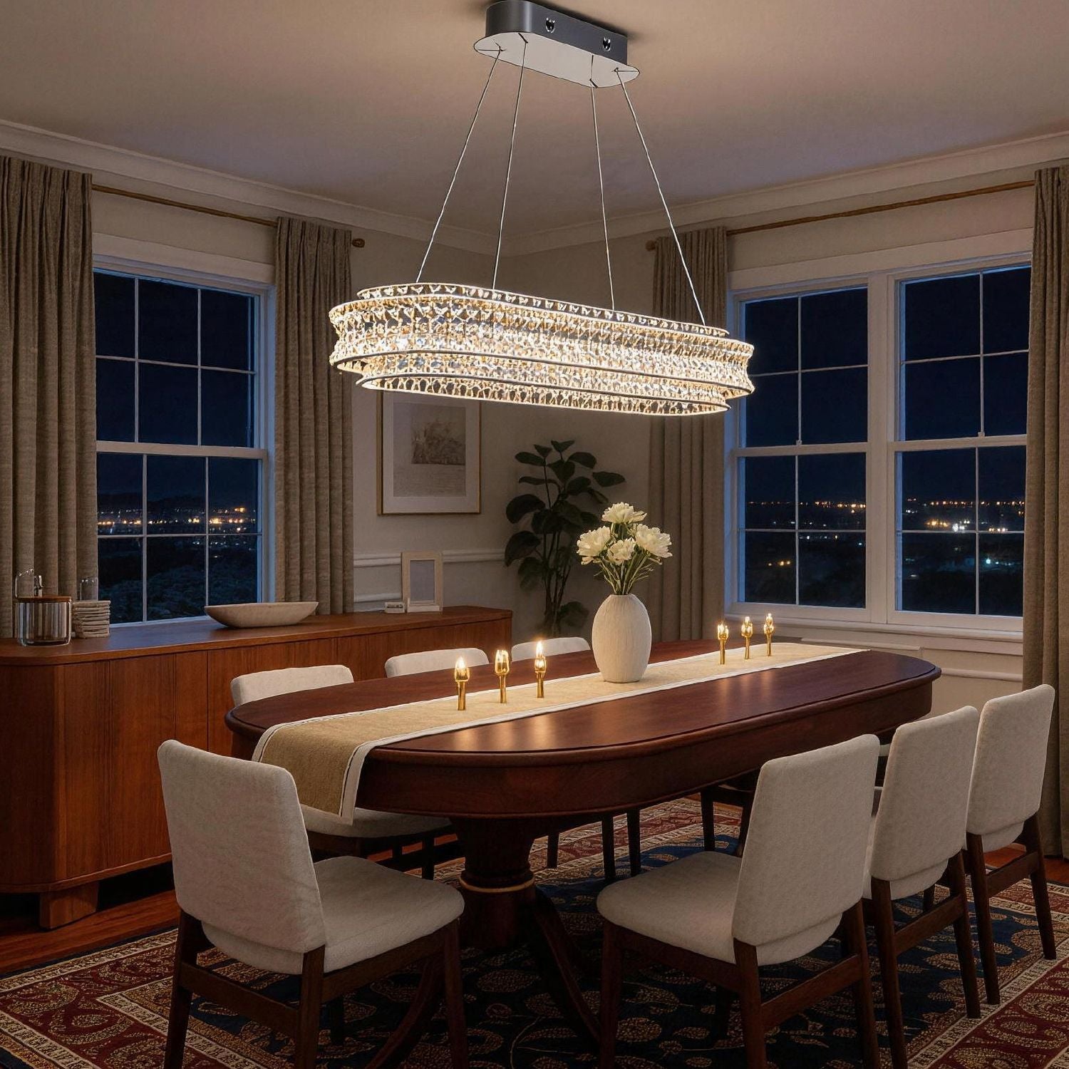 champagne gold k9 crystal chandelier illuminating dining room at night with warm ambient lighting | Sofary Lighting