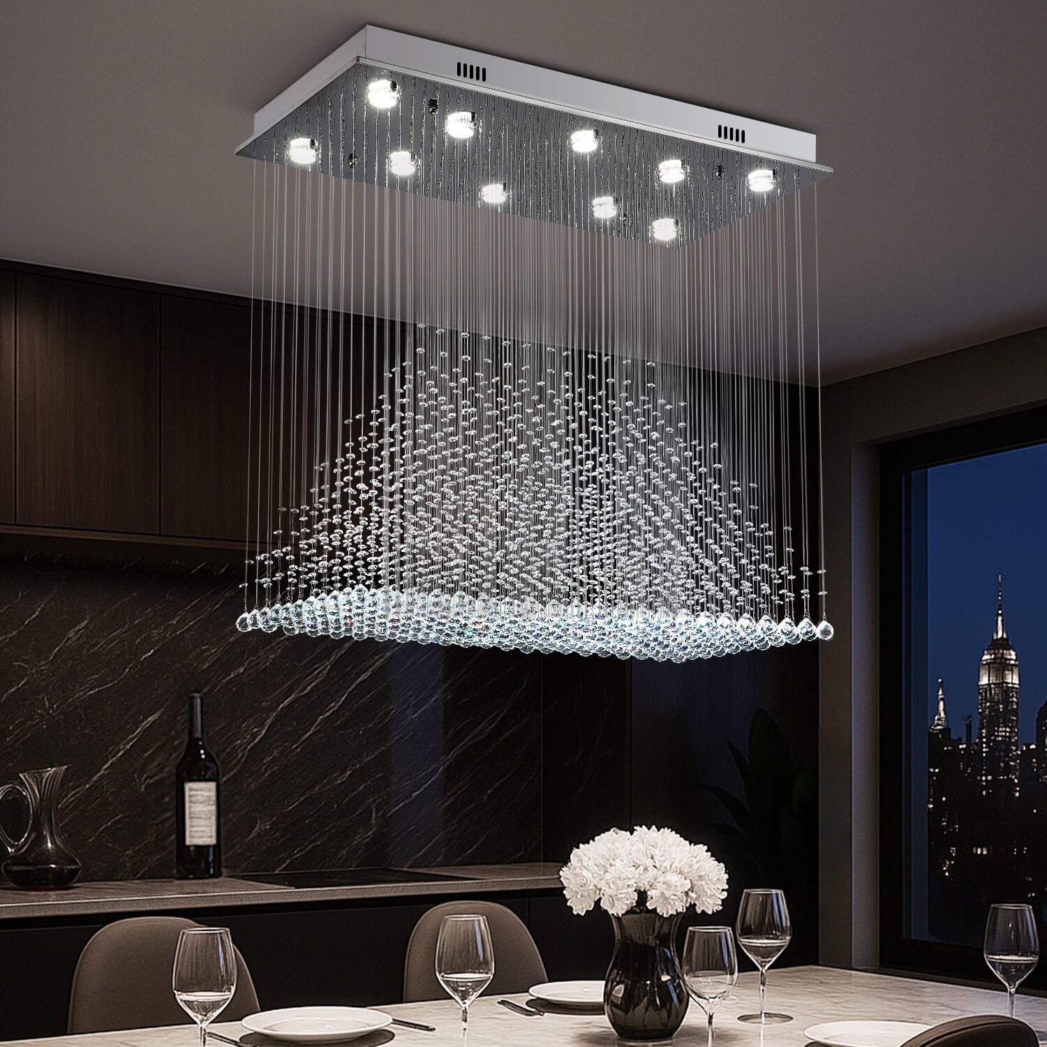 Modern Vertical Bar Rectangular Crystal Chandelier - Four Layers