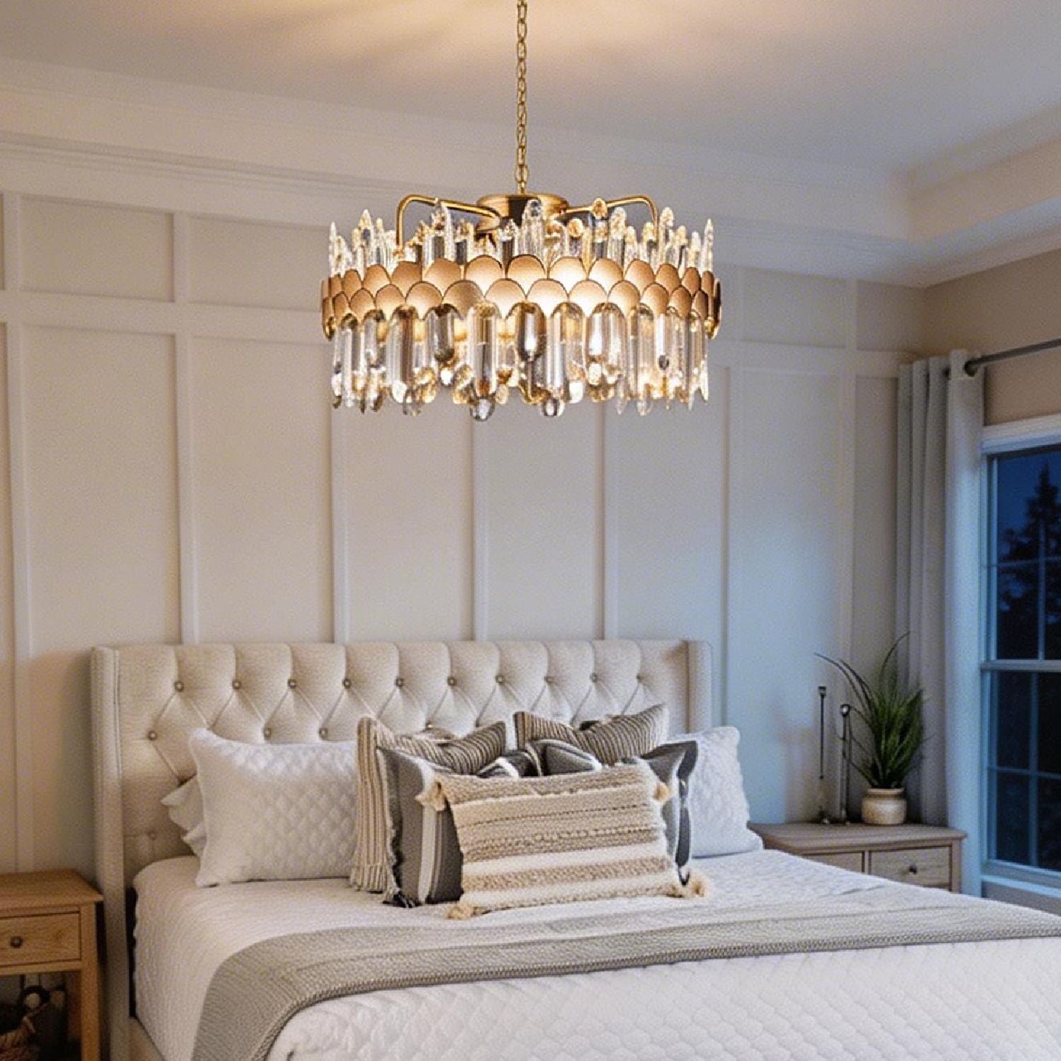 modern gold crystal chandelier used as ceiling light fixture in bedroom with soft warm lighting | Sofary Lighting