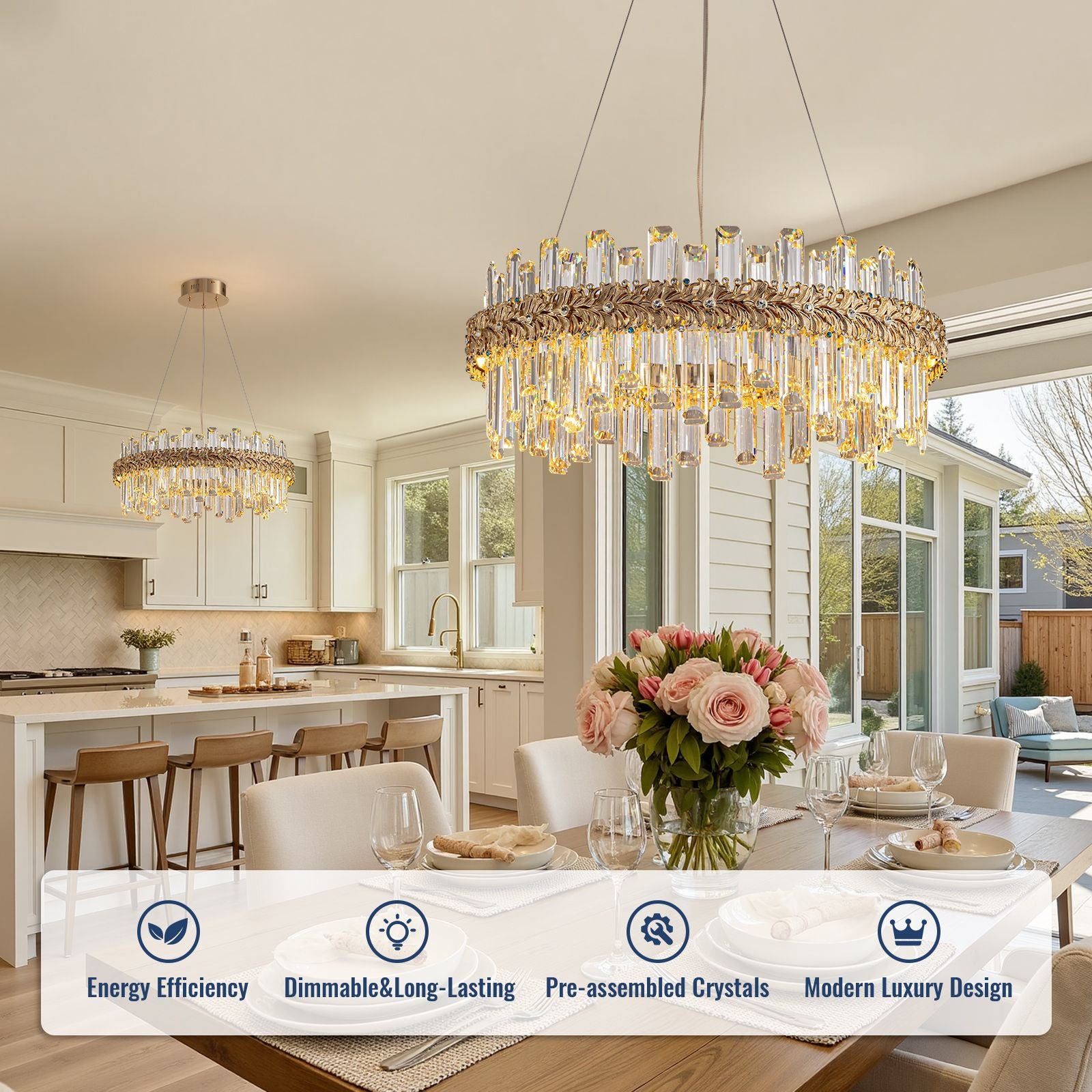 luxury gold crystal chandelier installed in dining room and kitchen island with dimmable led lighting modern home decor | Sofary Lighting