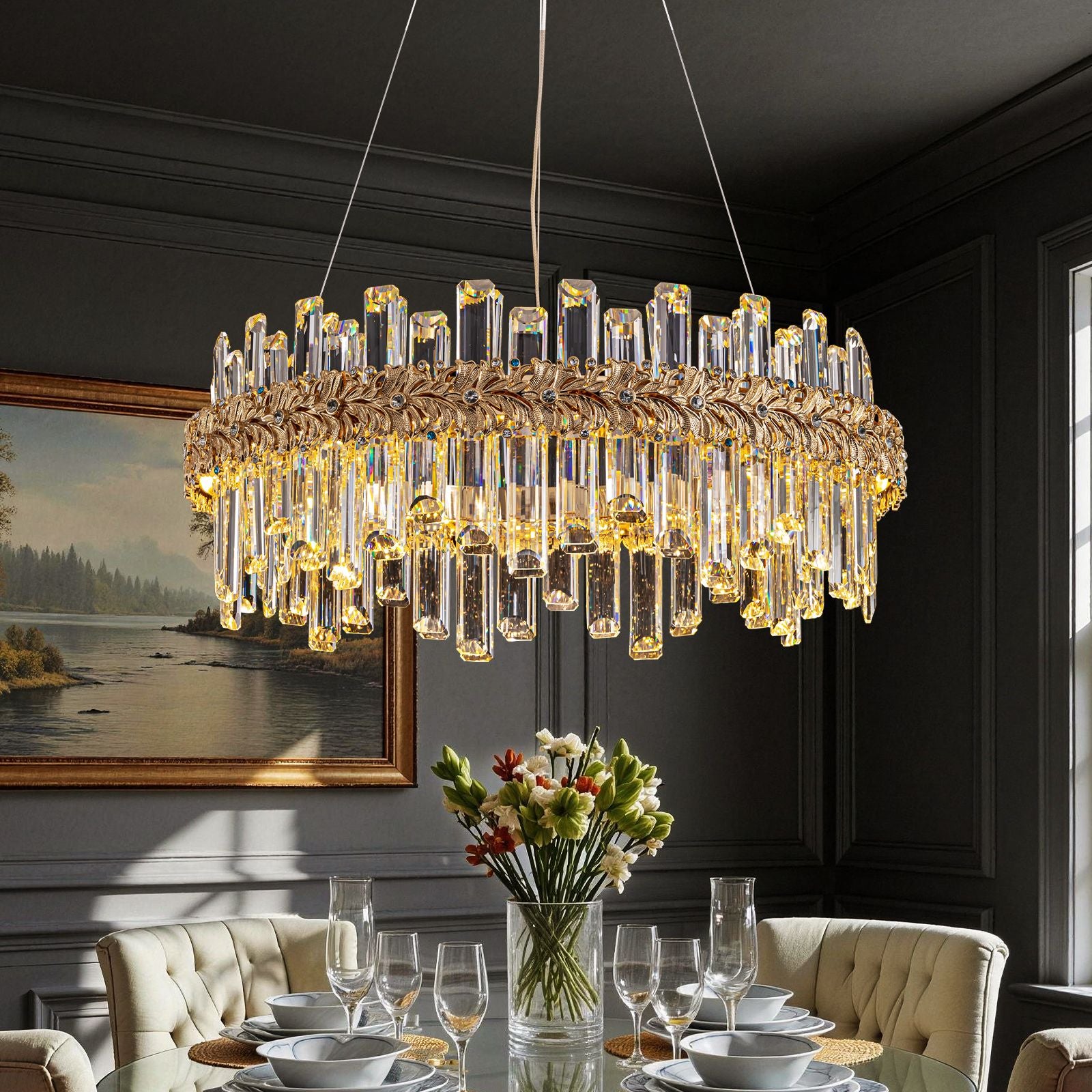 modern gold k9 crystal chandelier with leaf edge design hanging above dining table luxury dining room lighting fixture | Sofary Lighting