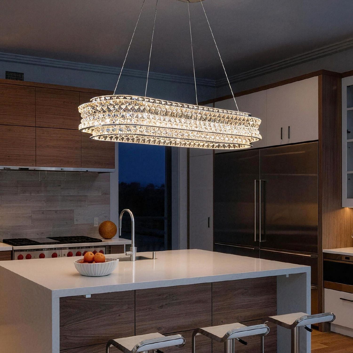 champagne gold k9 crystal chandelier in modern kitchen interior sleek linear pendant lighting design | Sofary Lighting