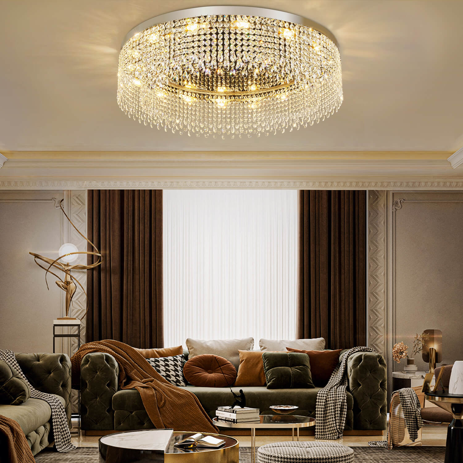 Modern Crystal Flush Mount Chandelier - Ceiling Light for Living Room