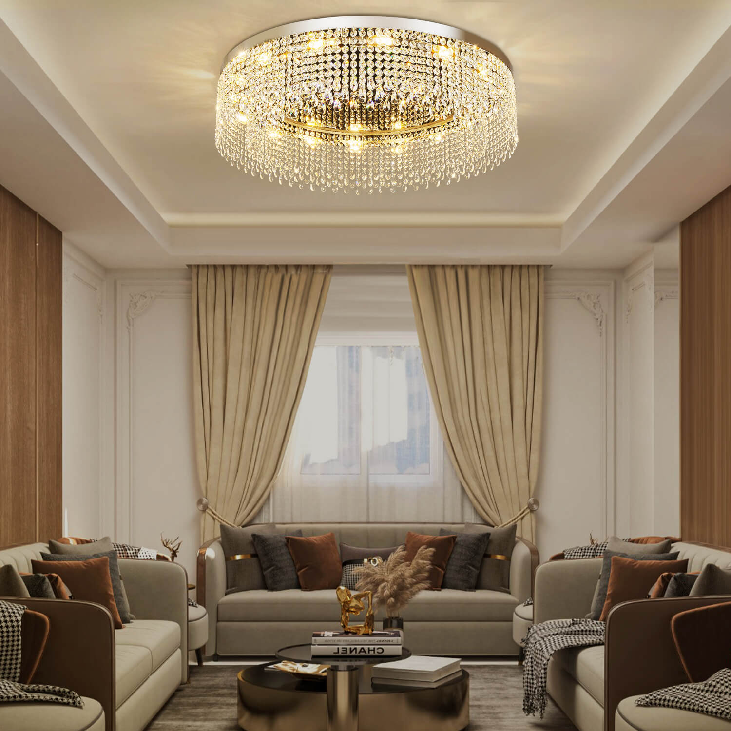 Modern Crystal Flush Mount Chandelier - Ceiling Light for Living