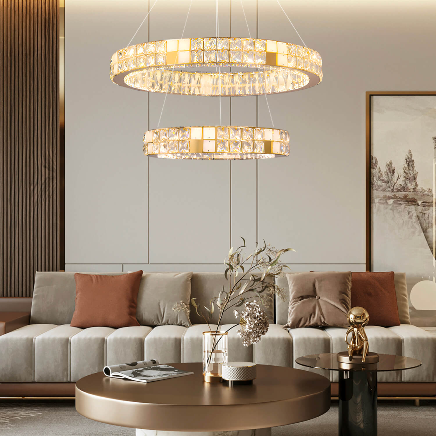 Modern Luxury Crystal and Marble Chandelier -2 rings living room|Sofary