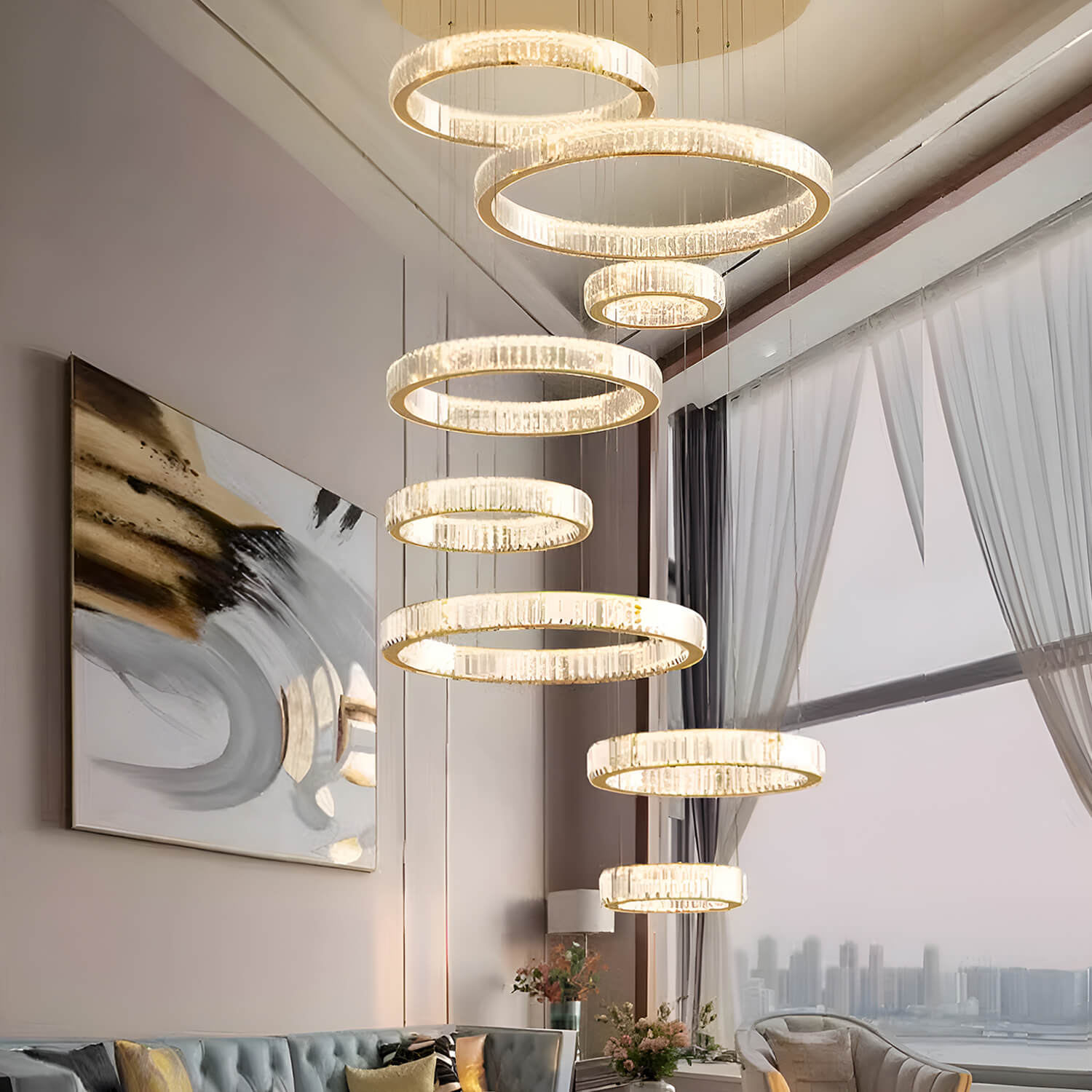 modern luxury gold k9 crystal round spiral chandelier lighting fixture in high ceiling living room | Sofary Lighting