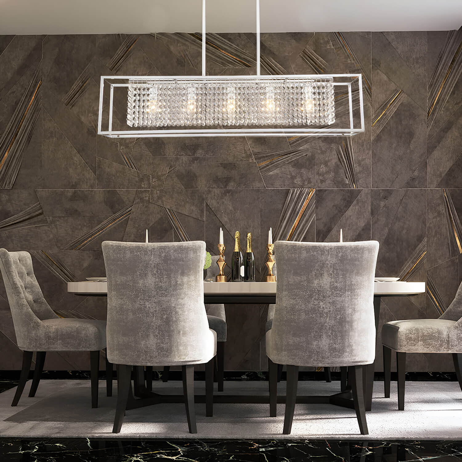 Modern Rectangular Chrome Frame Pendant Light-dinging-room-2| Sofary Lighting