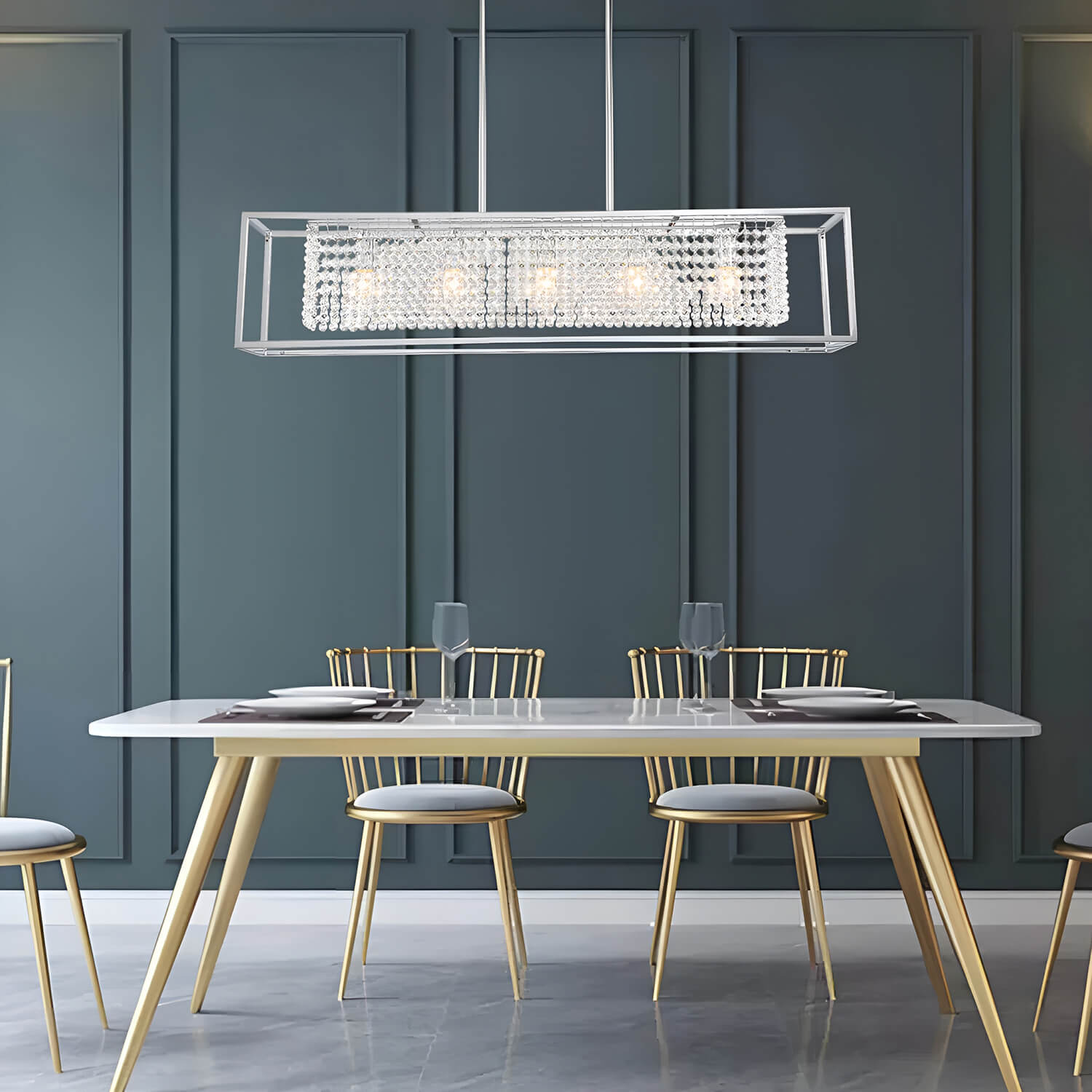 Modern Rectangular Chrome Frame Pendant Light-dinging-room-3| Sofary Lighting