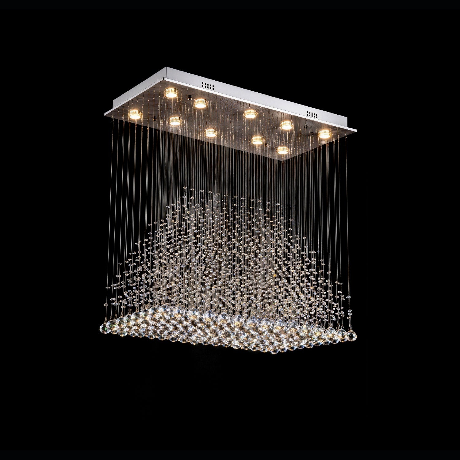 modern rectangular k9 crystal chandelier with inner pyramid structure hanging from ceiling | Sofary Lighting