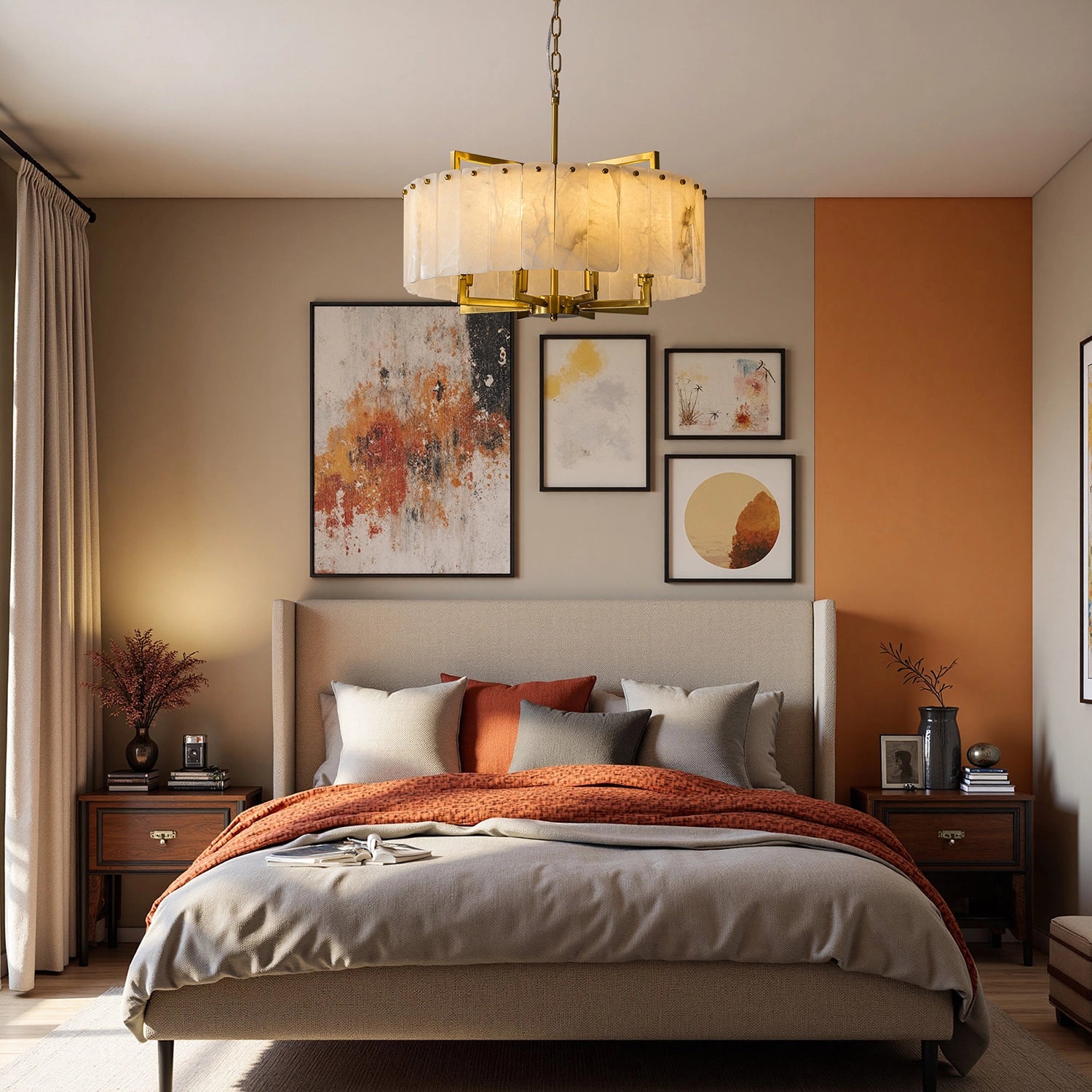 Modern circular alabaster stone pendant light providing soft, warm ambient lighting in a sophisticated bedroom with classical wall moldings and neutral decor. Sofary Lighting
