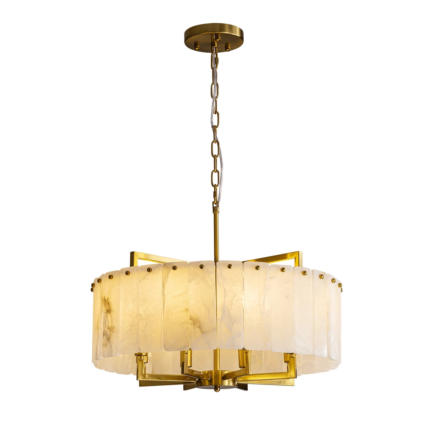 Round luxury chandelier featuring natural white alabaster stone panels and a brushed gold brass frame with an adjustable hanging chain, isolated on a white background. Sofary Lighting