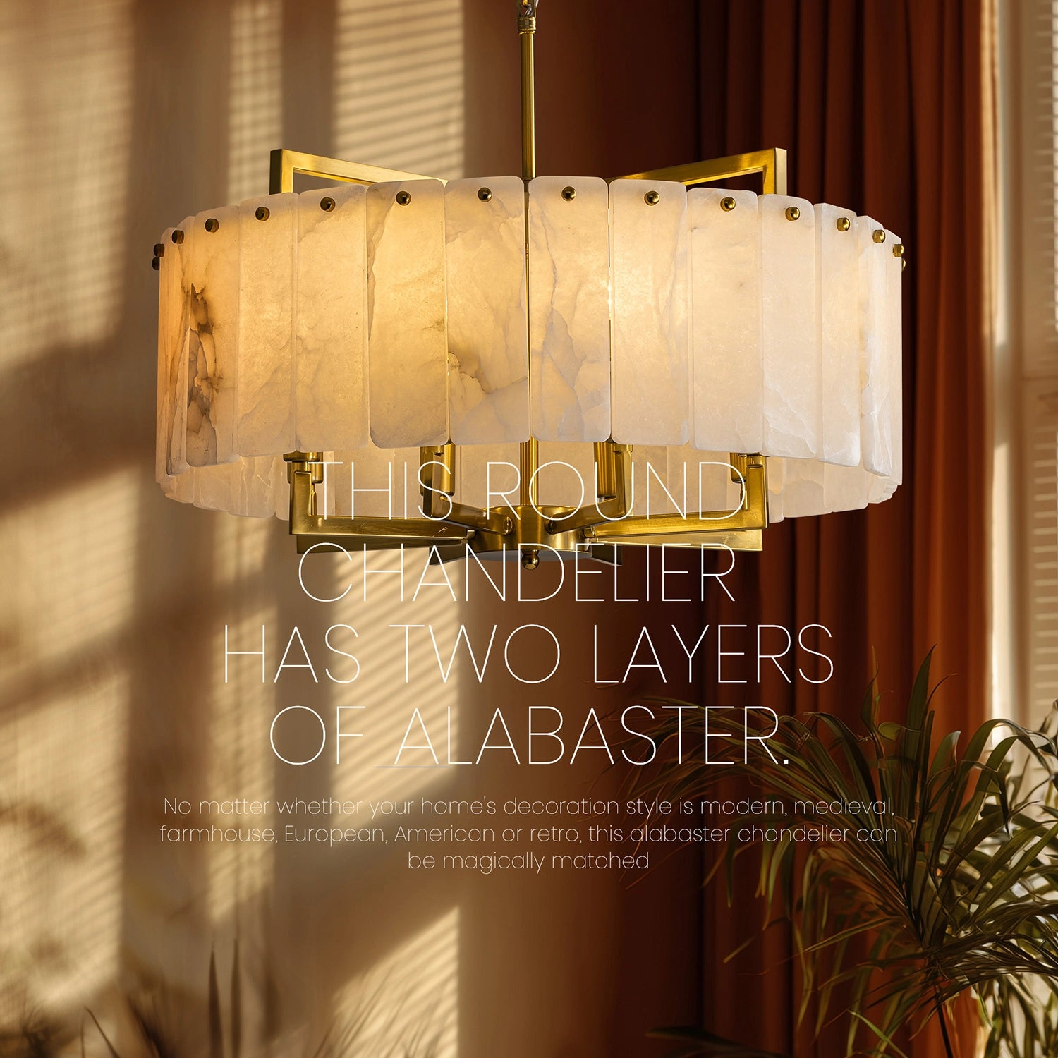 Close-up of a round alabaster chandelier with gold frame, highlighting its versatility for modern, farmhouse, and European decor styles.