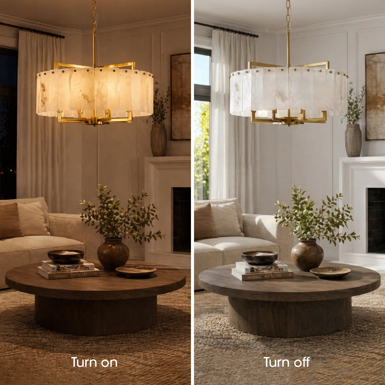 Comparative demonstration of a alabaster chandelier turned off during the day, and on at night to show varied light effect. Sofary Lighting