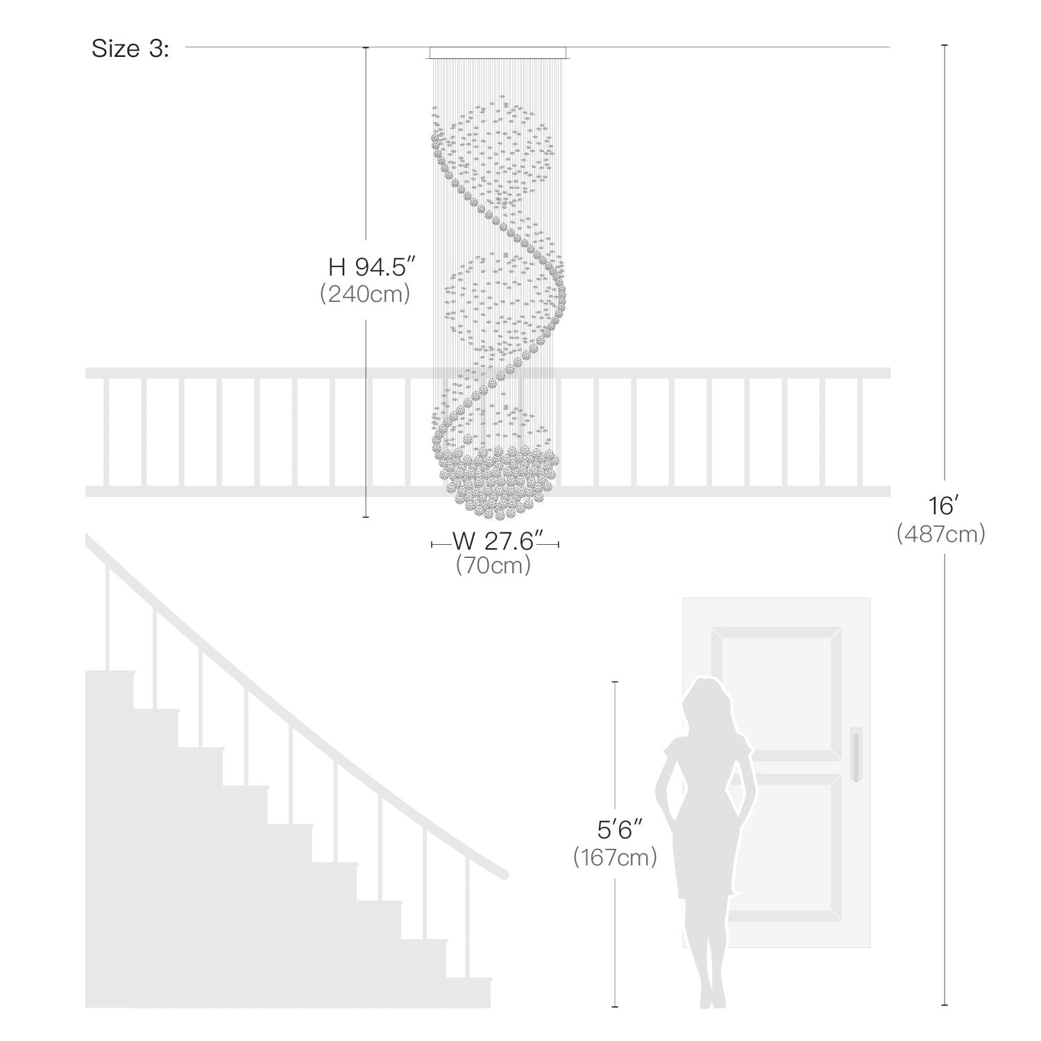 Detailed dimensions for Size 3 of the chandelier: height 94.5 inches (240 cm), width 27.6 inches (70 cm), with recommended chain length of 16 ft (487 cm) and ceiling height of 5‘6“ (167 cm).