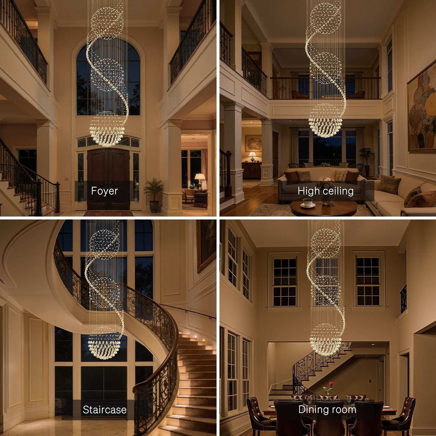 A guide showing ideal placements for the Modern Spiral Crystal Chandelier in rooms like a foyer with a high ceiling, near a staircase, or above a dining table | Sofary
