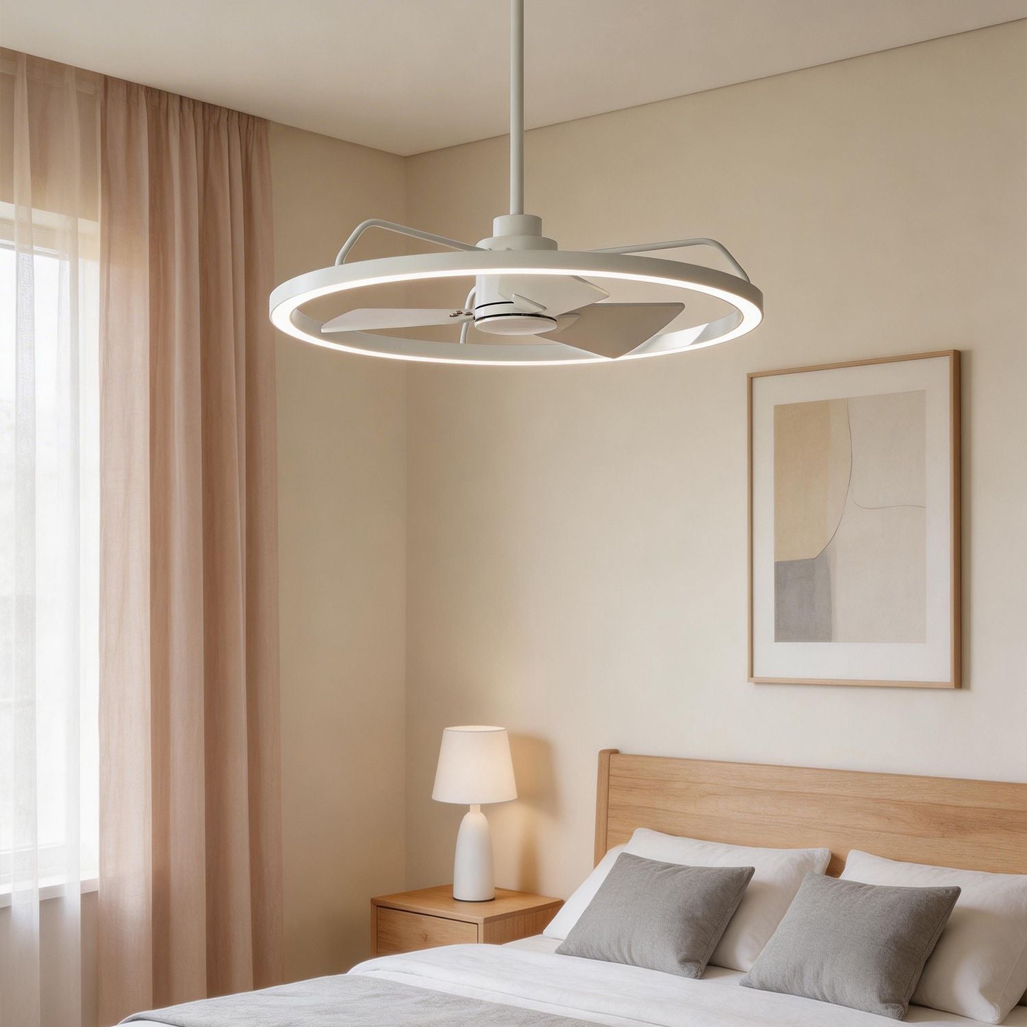 modern white ceiling fan with led ring light installed in bright bedroom interior