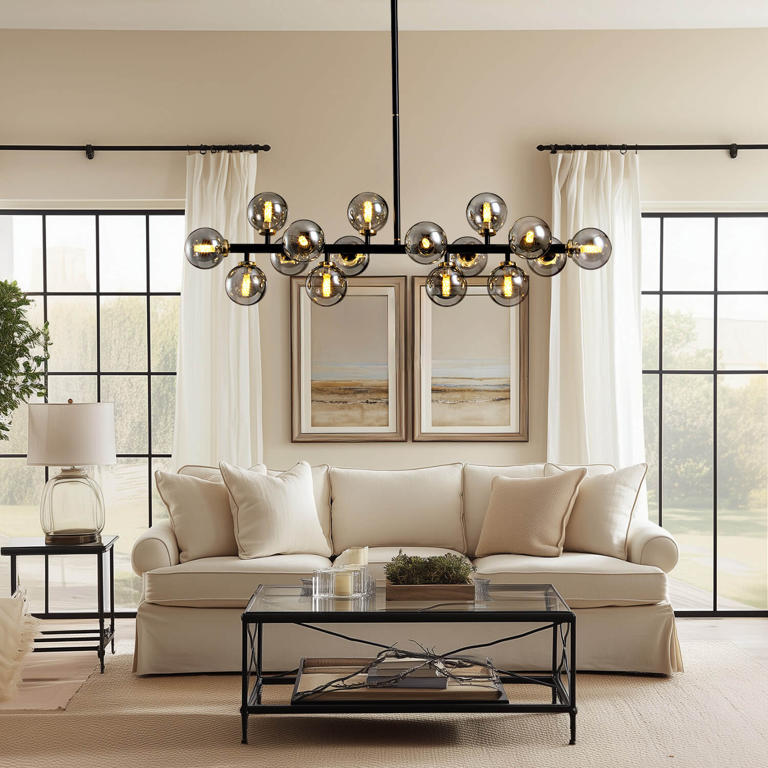 Nebula Modern Mid century Gray Glass Bubble Linear Chandelier for