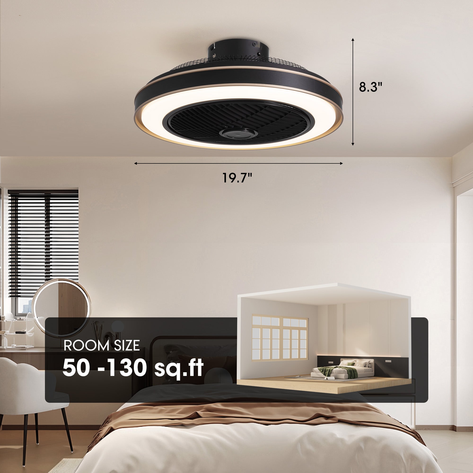 Nexa 19.7" Caged Ceiling Fan dimensions — 19.7" diameter, 8.3" height, fits rooms 50–130 sq ft, includes angled and downrod mounting options | Sofary Lighting