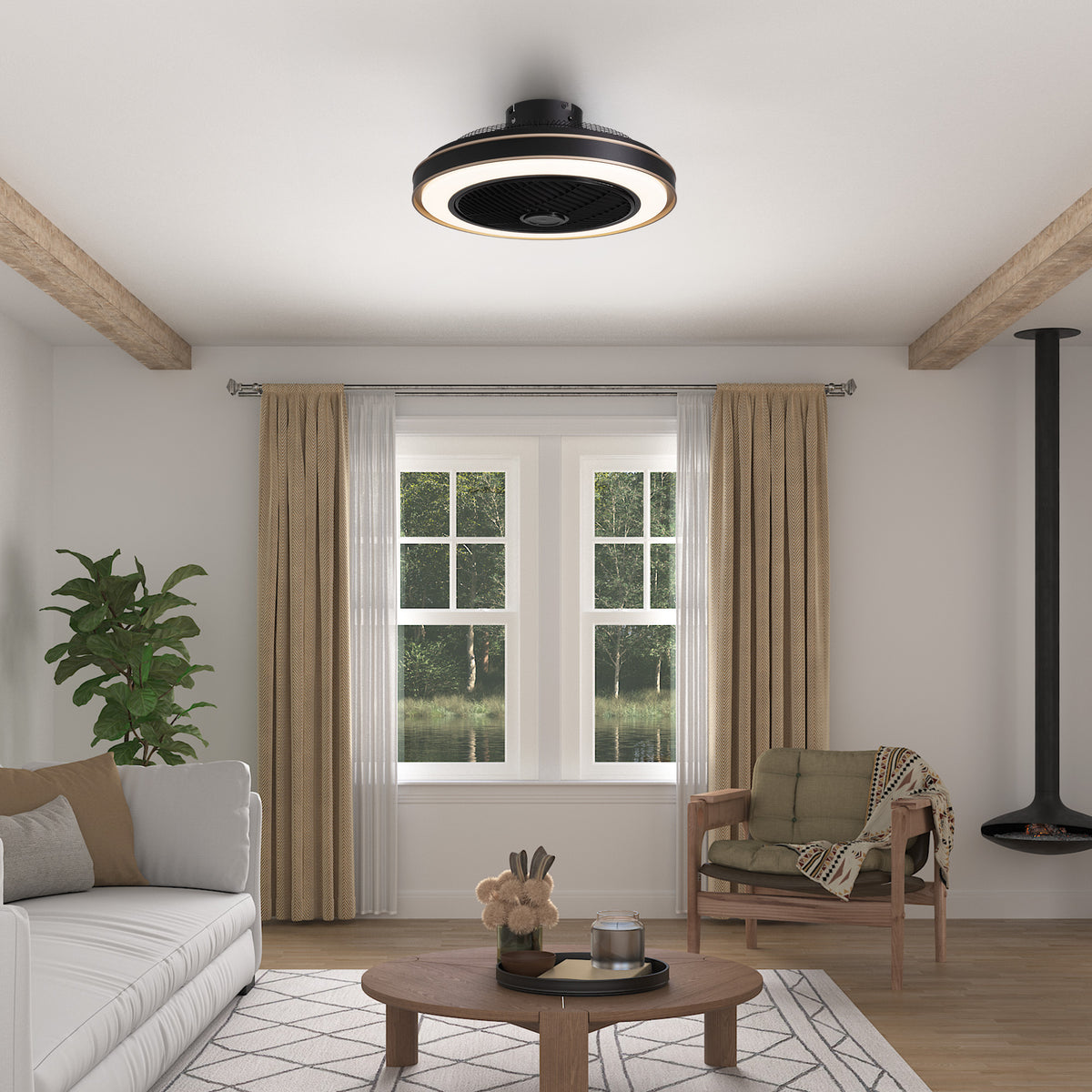Nexa LED Caged Fan installed in bright living room — complements neutral tones, large windows, and modern furniture, providing both illumination and airflow | Sofary Lighting