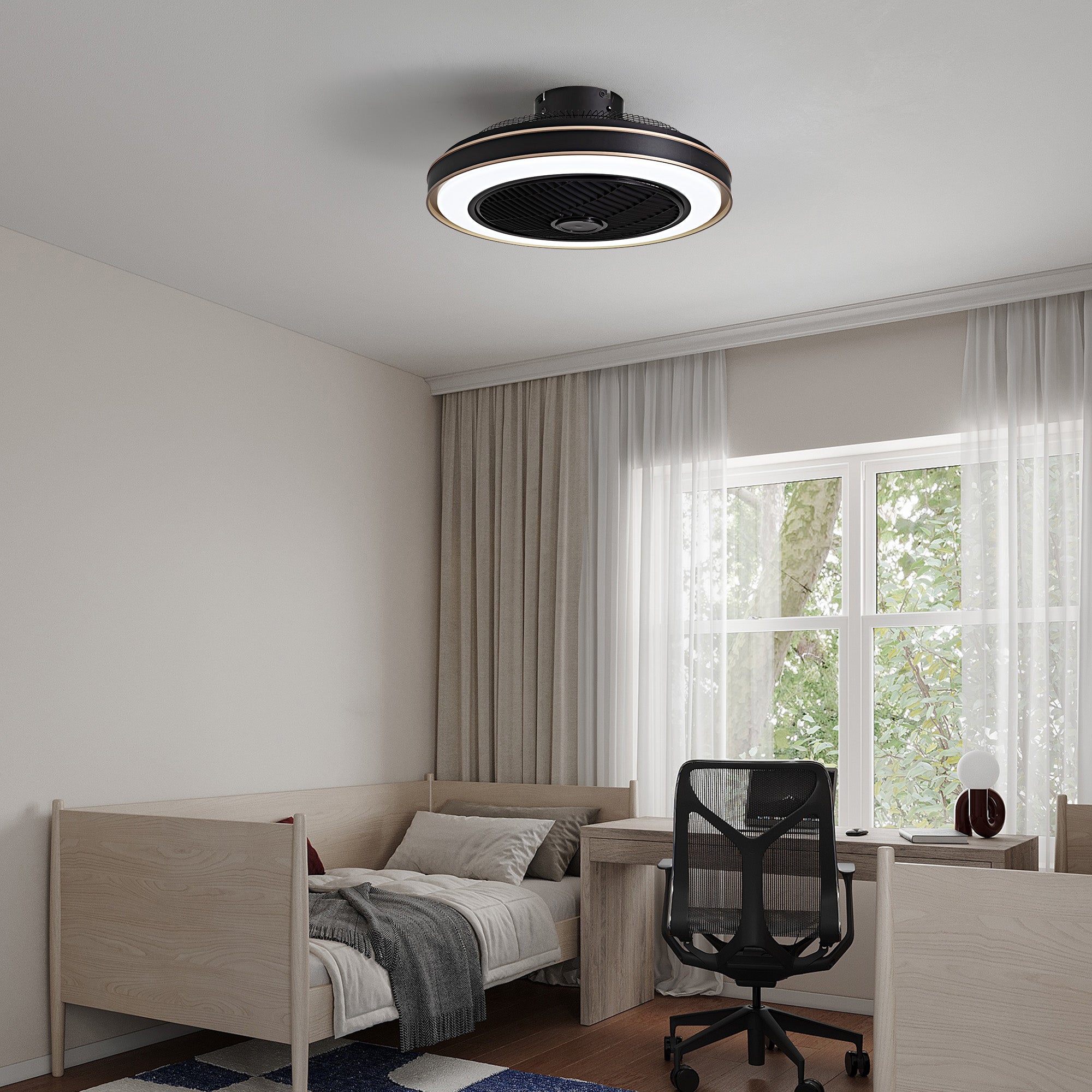 Nexa Black Caged Ceiling Fan in modern living room — stylish low-profile design, smart app control, enhances air circulation and ambient lighting for cozy home decor | Sofary Lighting