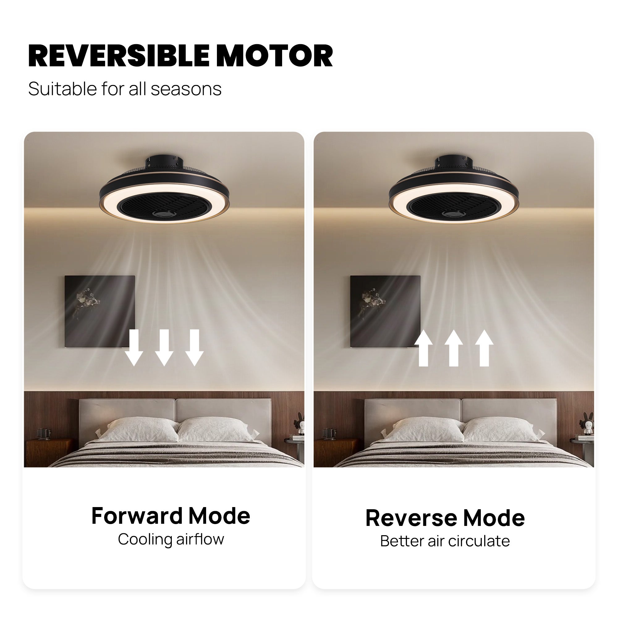 Nexa Ceiling Fan reversible motor — Forward Mode pushes cool air down for summer, Reverse Mode circulates warm air up for winter, all-season comfort with DC motor | Sofary Lighting